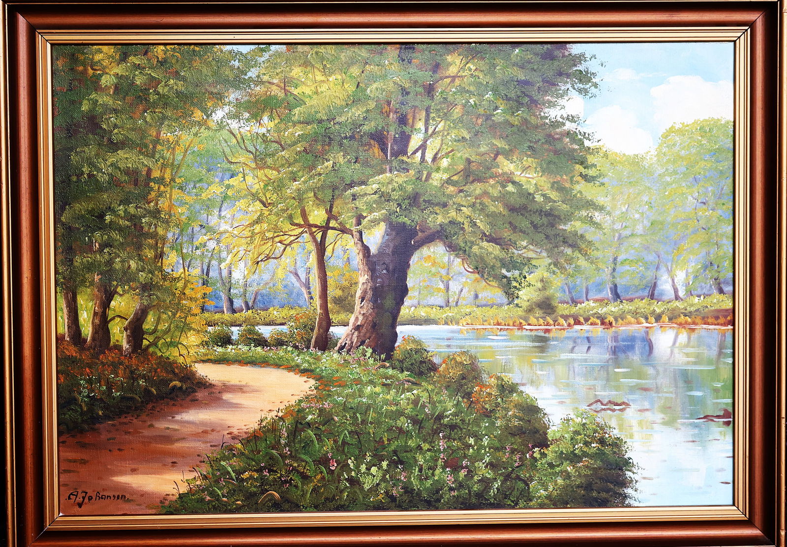 Arne Johansen, Denmark, Vintage Oil on Canvas Painting Road Path on River's Edge, Signed, Framed (1 of 6)