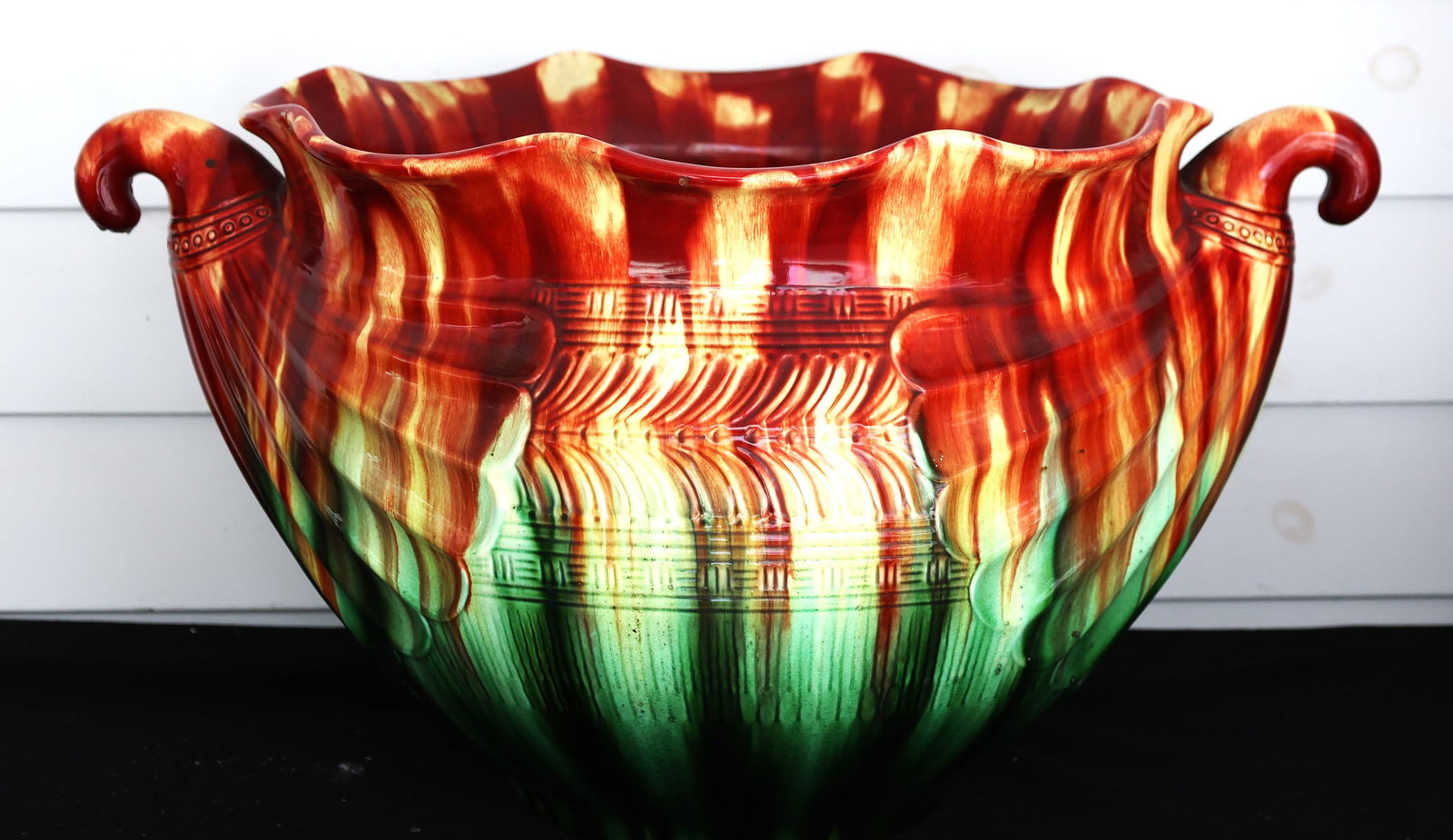 Large Antique Majolica Pottery Glazed Flower Pot / Jardinere 14.5 in. height x 26 in. length x 17 w. (1 of 6)