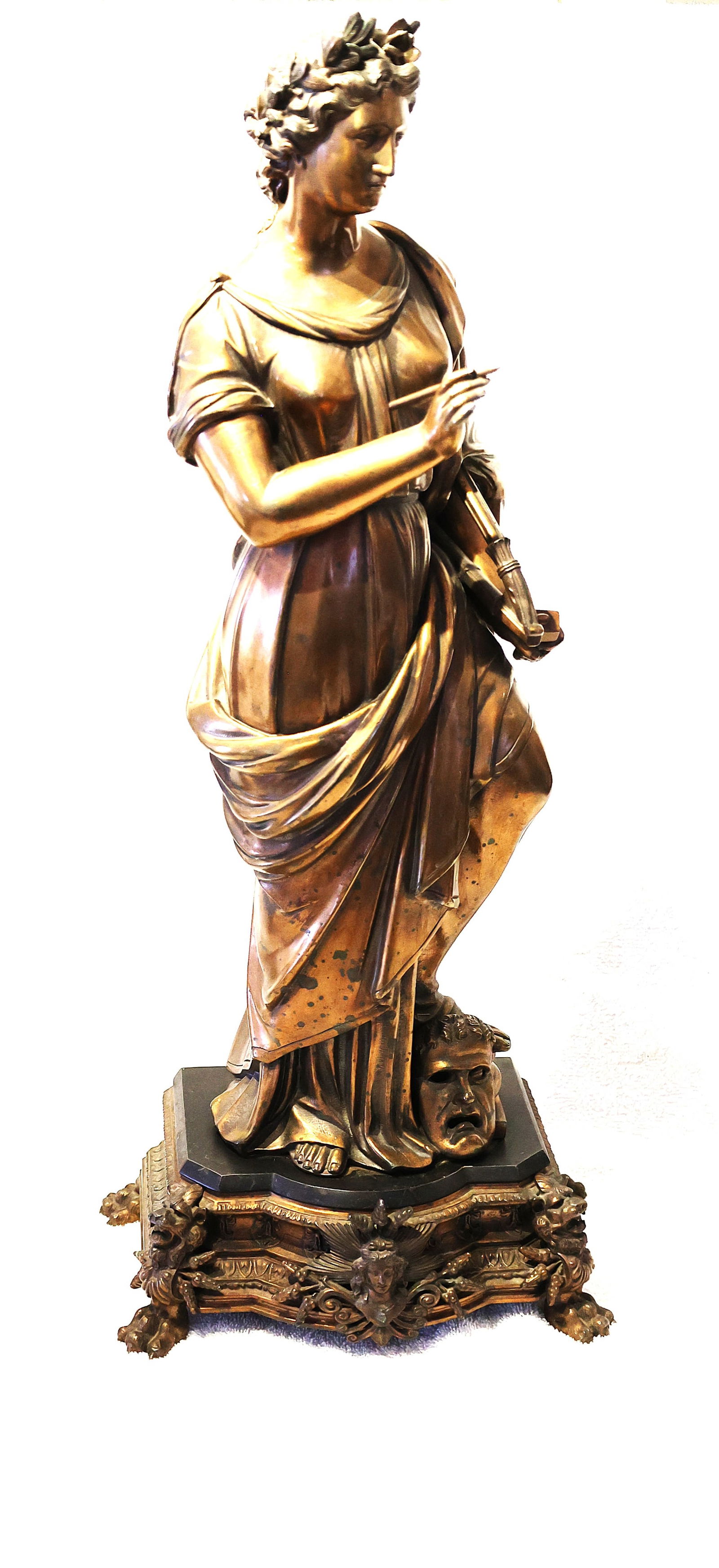 19th C. French Bronze Sculpture Classical Lady Representing Art, Muse, Theatrical Mask on Base (1 of 11)