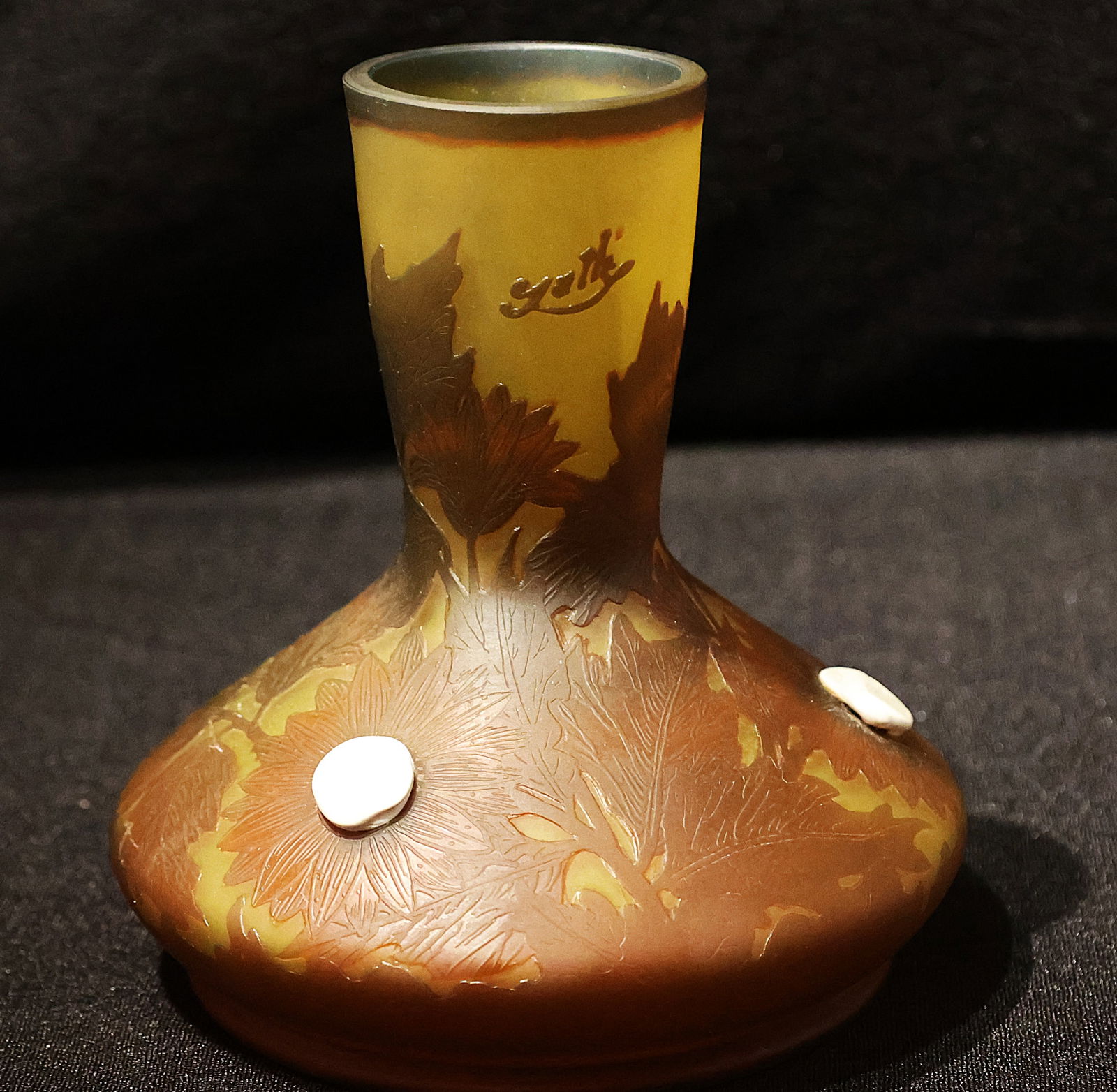 Emile Galle, Signed Art Nouveau Cameo Glass Vase with Flowers and Applied Flower Heads: Size: 7 inches height x 6 inches wise, top os 2 1/2 in. dia,; Émile Gallé (1846-1904) was a leading figure in the Art Nouveau movement, particularly known for his innovative art glass. His pieces of