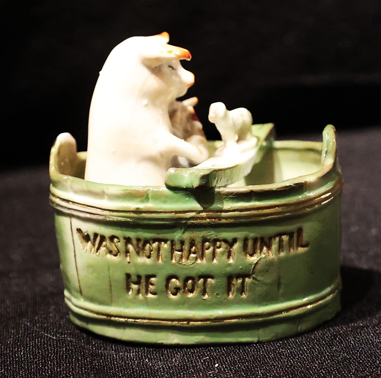 Geman Ceramic Whimsical Pig Taking a Tub Bath "Was Not Happy Until He Got It": Size: 3 3/4 in. height x 3 1/2 in. length x 2 1/2 in. depth. ; Geman Ceramic Whimsical Pig Taking a Tub Bath "Was Not Happy Until He Got It"