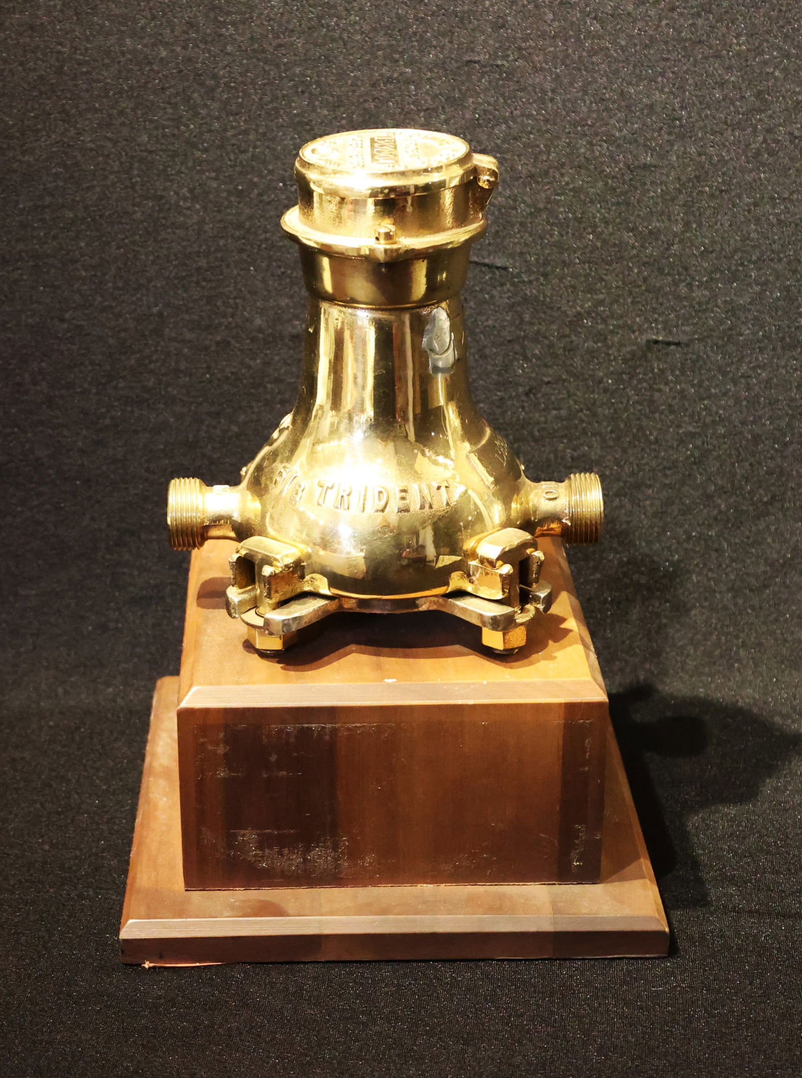 Vintage Polished Bronze Neptune Trident Water Meter. Mounted on a Wood Stand: Vintage Polished Bronze Neptune Trident Water Meter. Mounted on a Wood Stand. Size: 13 inches height , base is 9 inches x 9 inches