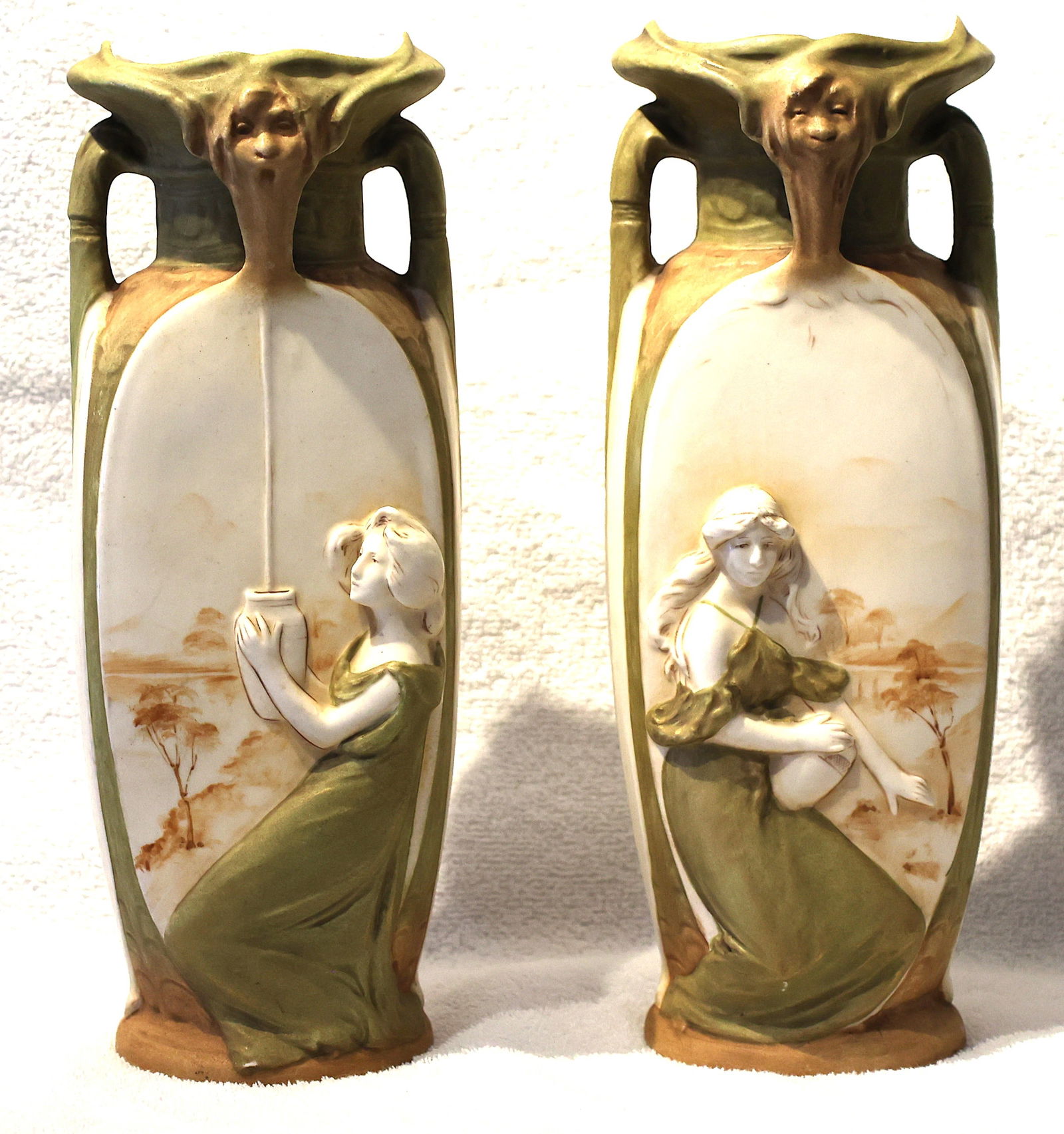 Pair Antique Royal Dux Art Nouveau Porcelain Figural Vase Nymph and Water Lily 12 In. Height: Pair antique Royal Dux Art Nouveau porcelain figural vases. The vases feature a detailed nymph and water lily design in the classic Art Nouveau style. ; Size: 12 inches height x 4 1/4 in. wide x 3 1/2