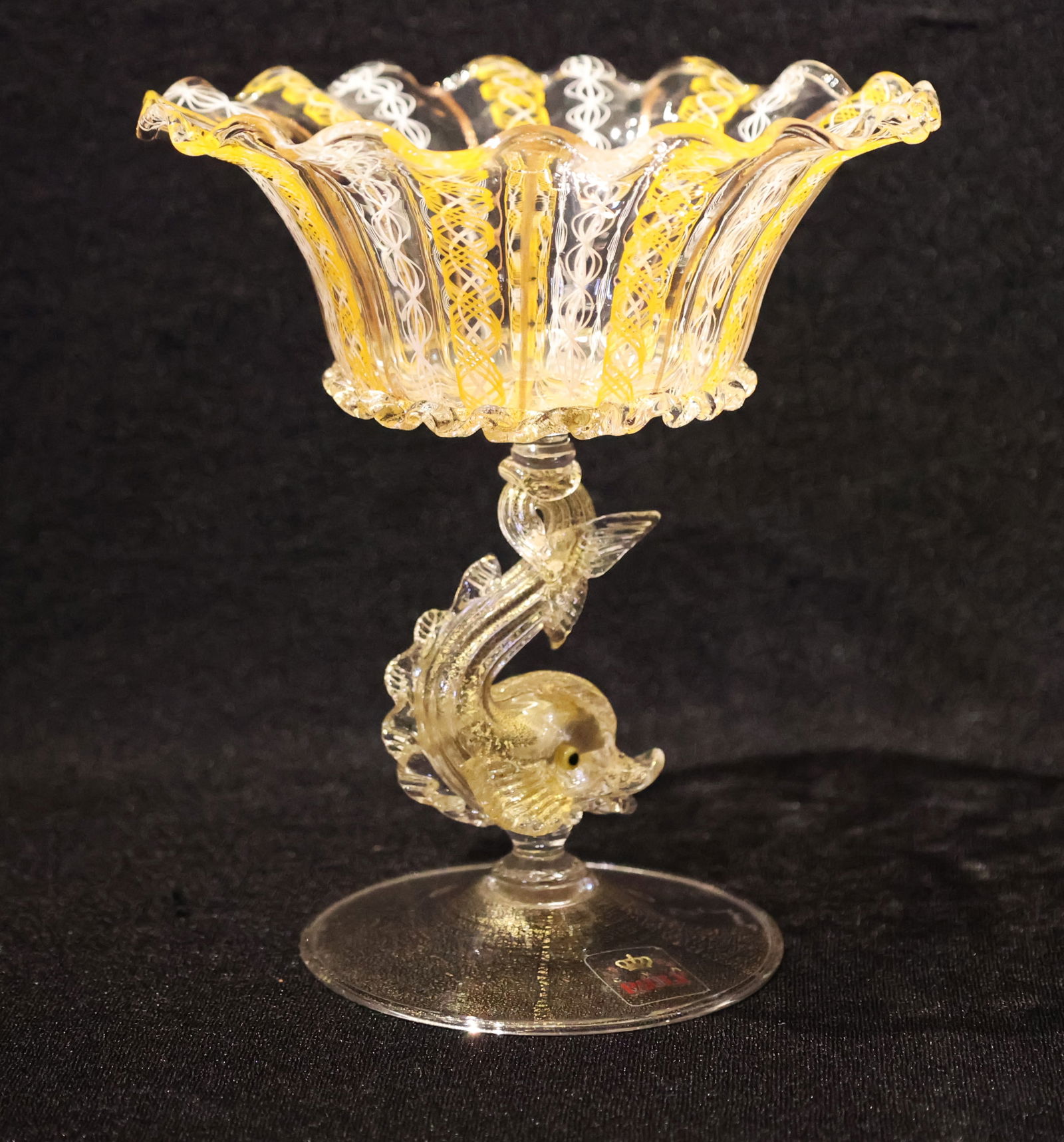 Antique Venetian Gold Latticino Murano Art Glass Compote Dish with Dolphin Stem 7 In. Height (1 of 7)