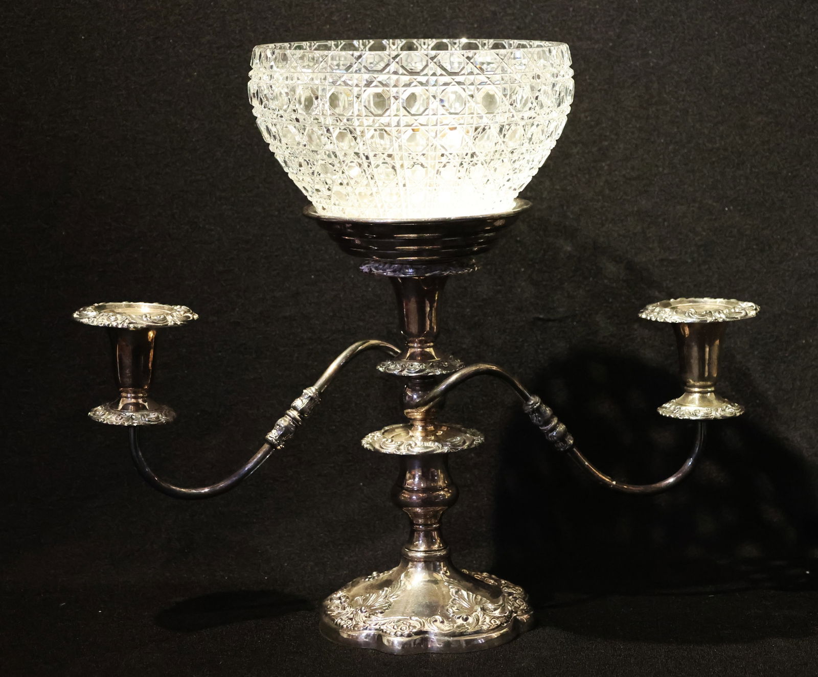 Sheffield England Silver-Plated Epergne With A Cut Crystal Glass Center Bowl. 15.5 In. Height (1 of 7)