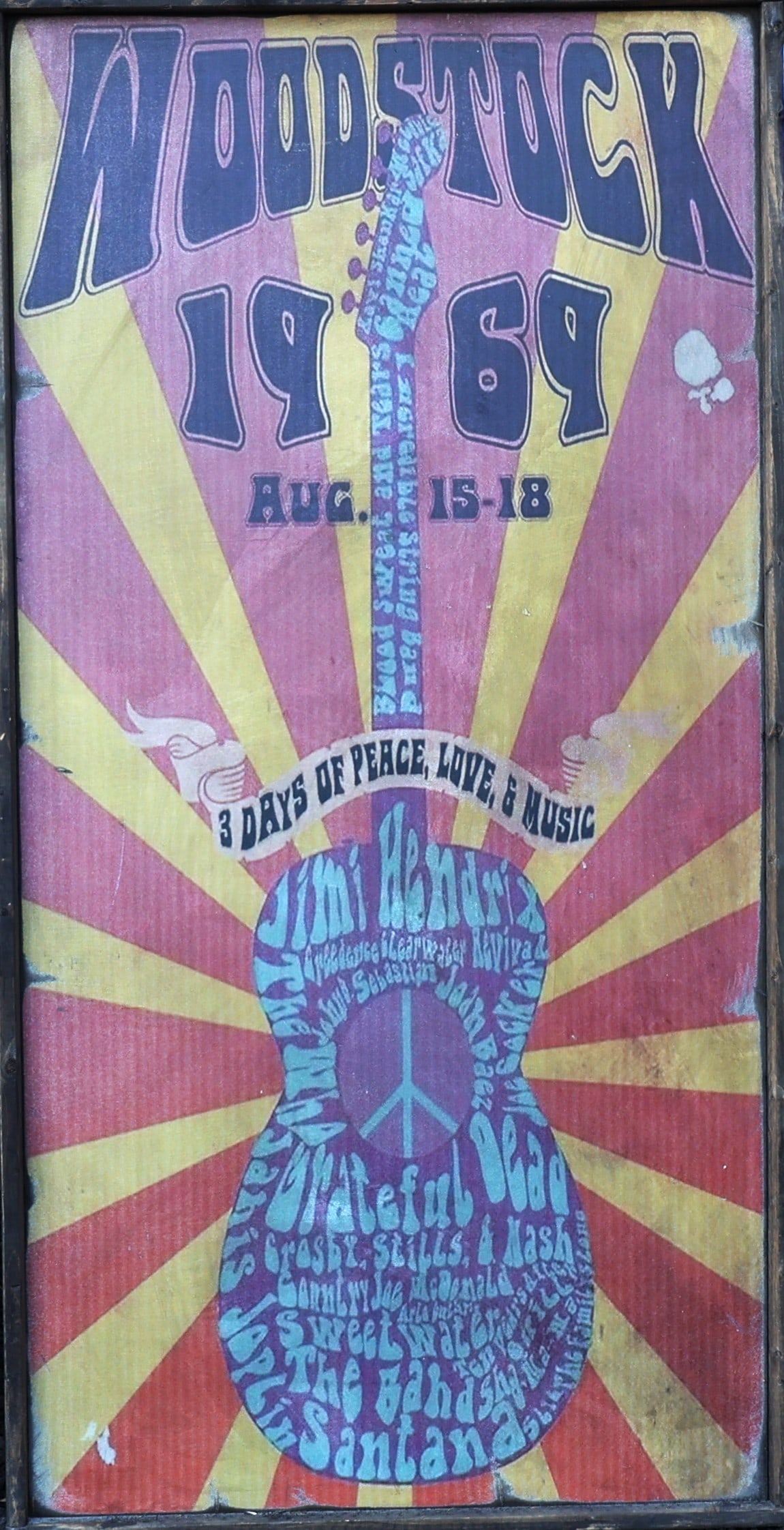 Large Printed Wood Sign: WOODSTOCK 1969, Aug. 15-18, 3 Days of Peace Love & Music;  Size: 49.25 inch (1 of 5)