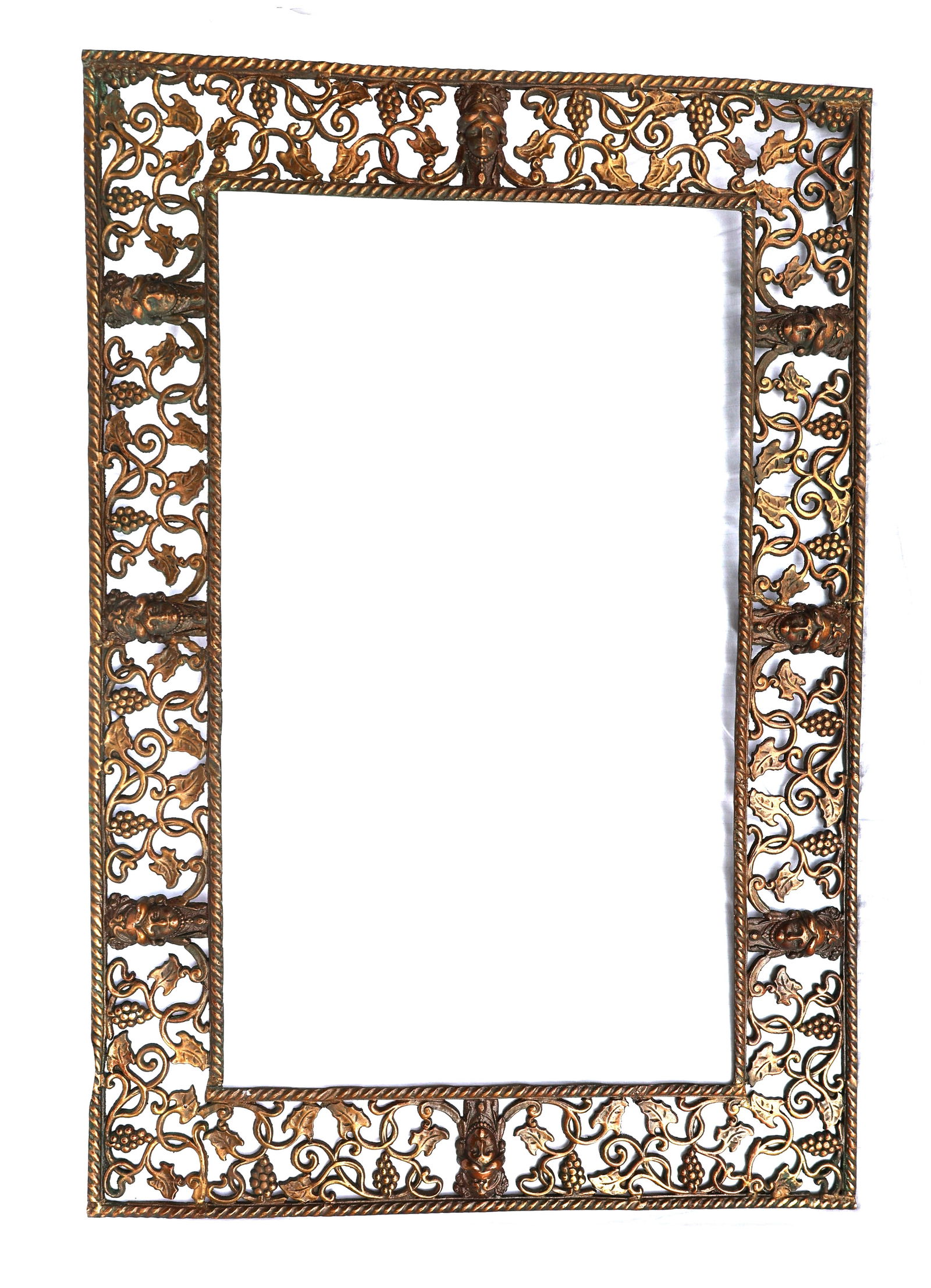 OSCAR BACH, Unsigned, Fancy Bronze Mirror Frame with Faces, Grapes, Vines 18.5 in. x 16.5 in. (1 of 6)