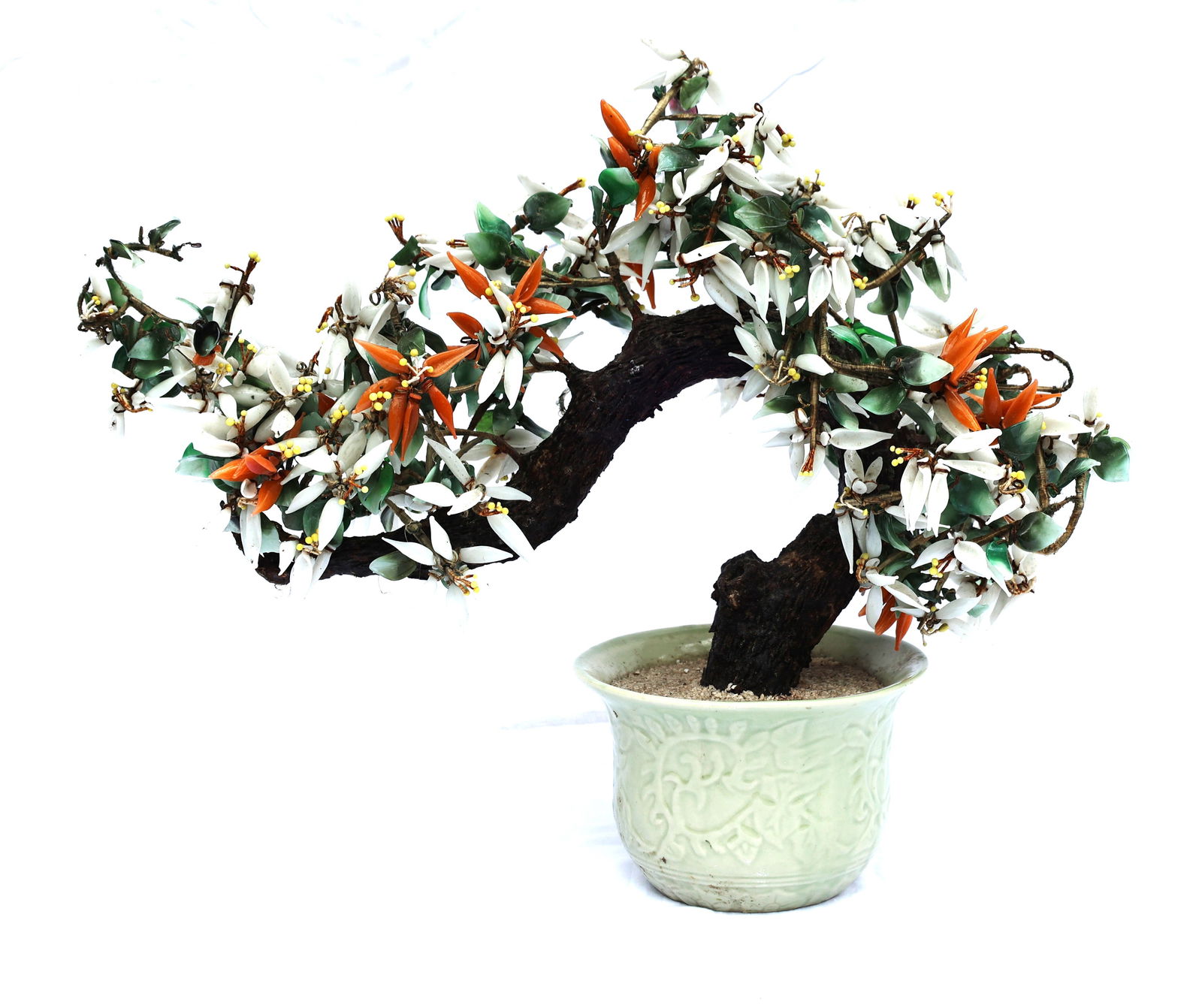 Large Size Colored Jade Bonsai Tree Mounted in a Green Celadon Pot 19 in. height x 22 in. length (1 of 5)