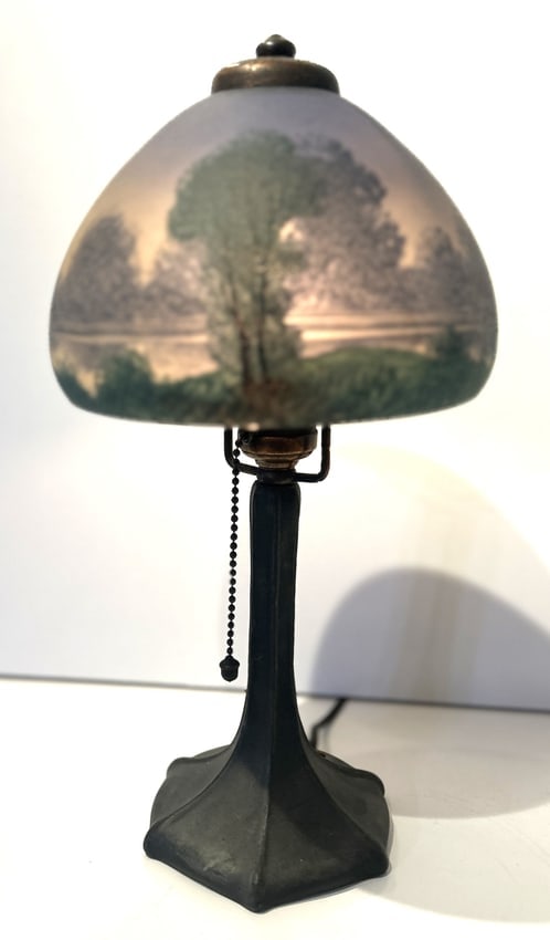 HANDEL  Boudoir Lamp Reverse Painted Glass Shade Landscape - All Original, Good Original Patina, Wir (1 of 12)