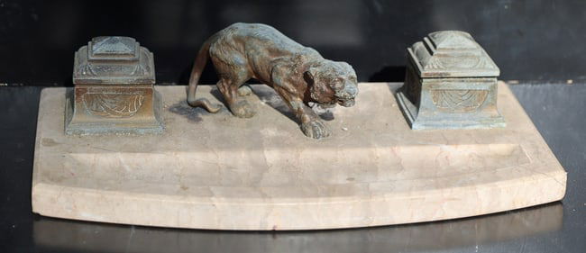 19th C. Austrian Desk Top Double Inkwell with Cast Metal Tiger Figure 12.25 in. length x 7 1/4 in. (1 of 7)