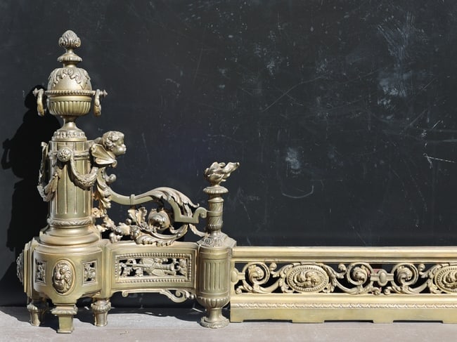 19th C. French Bronze Fireplace Chenets with Center Fender, Winged Cupids, Original Patina. 55 in.L (1 of 8)