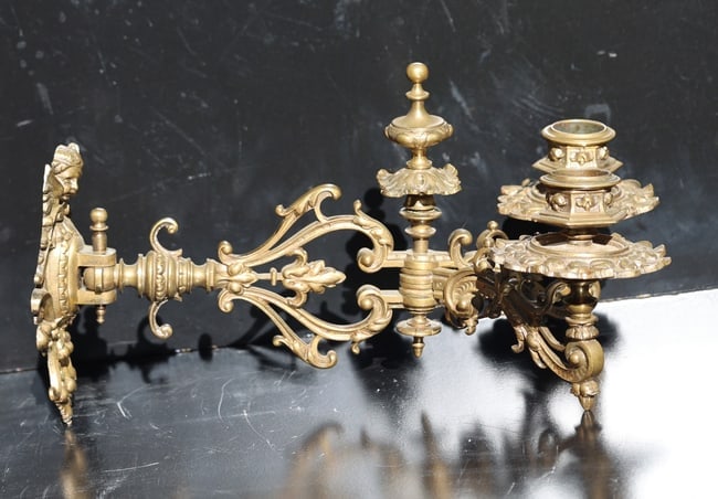 Pair 19th C. Bronze Piano Candle Holder Sconces, Adjustable Moveable Back Plate, Cupid Crest (1 of 9)