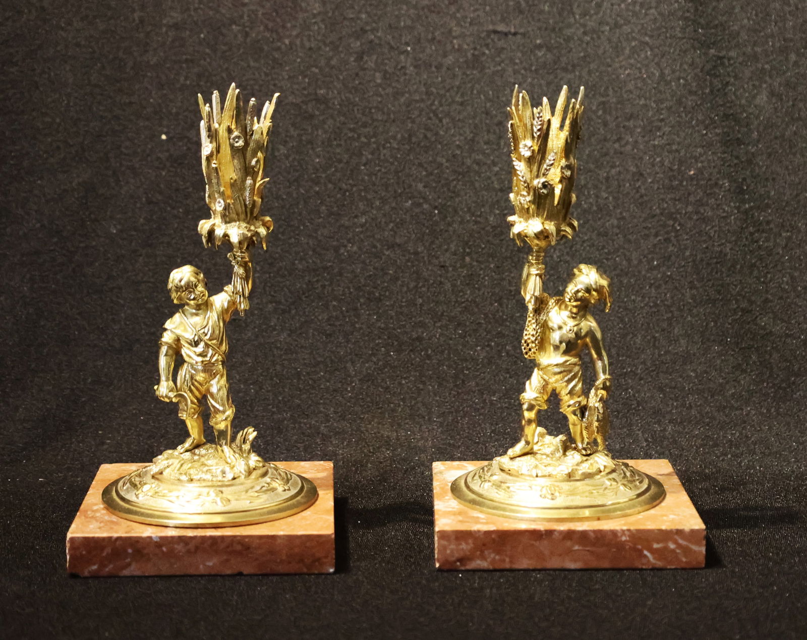 Pair 19th C. Bronze Polished and Lacquered Figural Candle Holders Mounted on Marble Base (1 of 6)