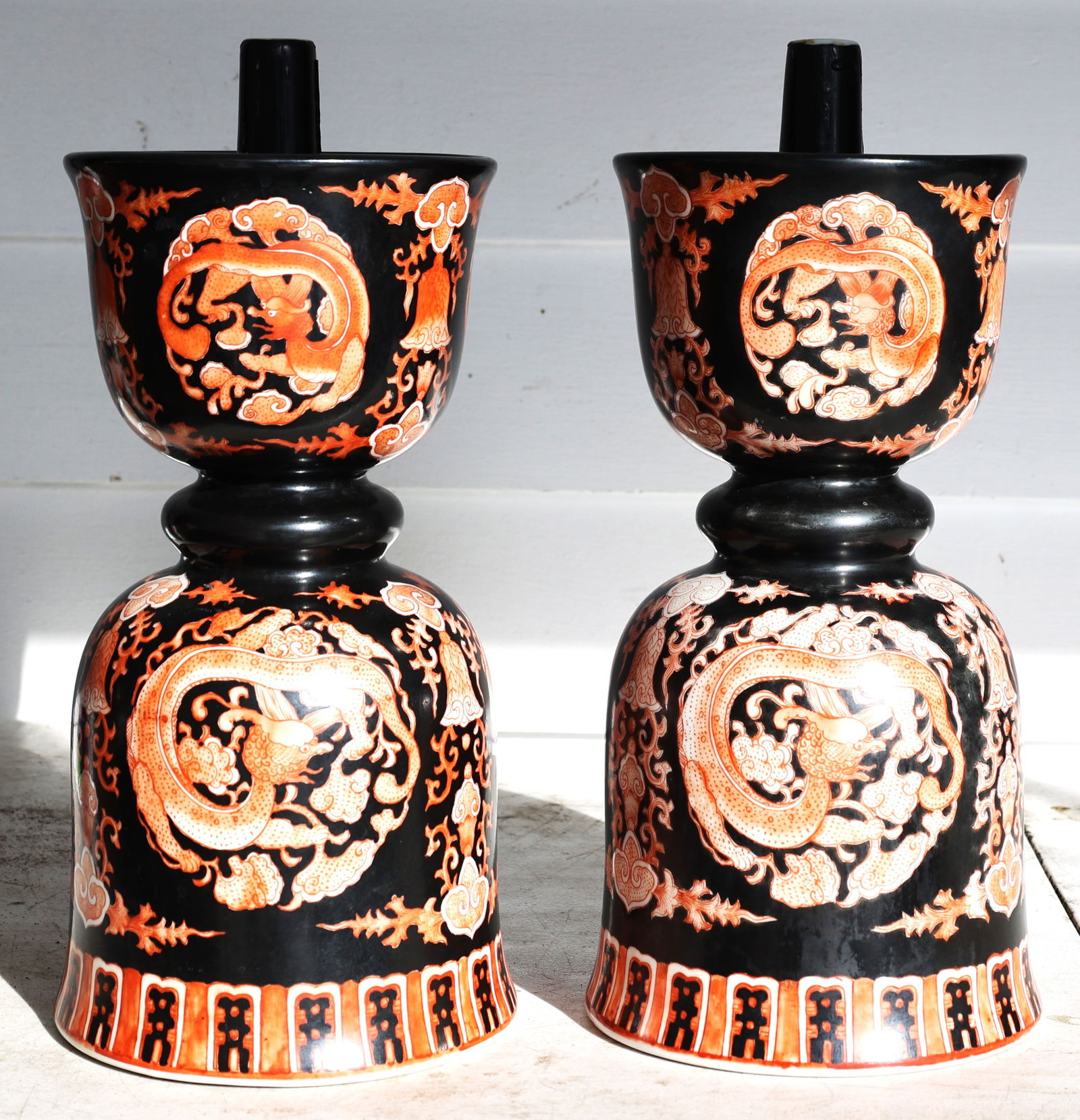 Pair Of Antique Chinese Porcelain Bell Shaped Joss Incense Holders 14 inches Height (1 of 6)