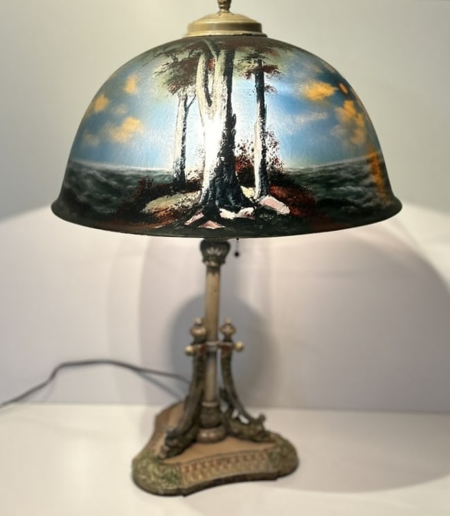 Quality Antique Pittsburgh Reverse Painted Glass Shade Lamp Moonlight Landscape, All Good (1 of 6)