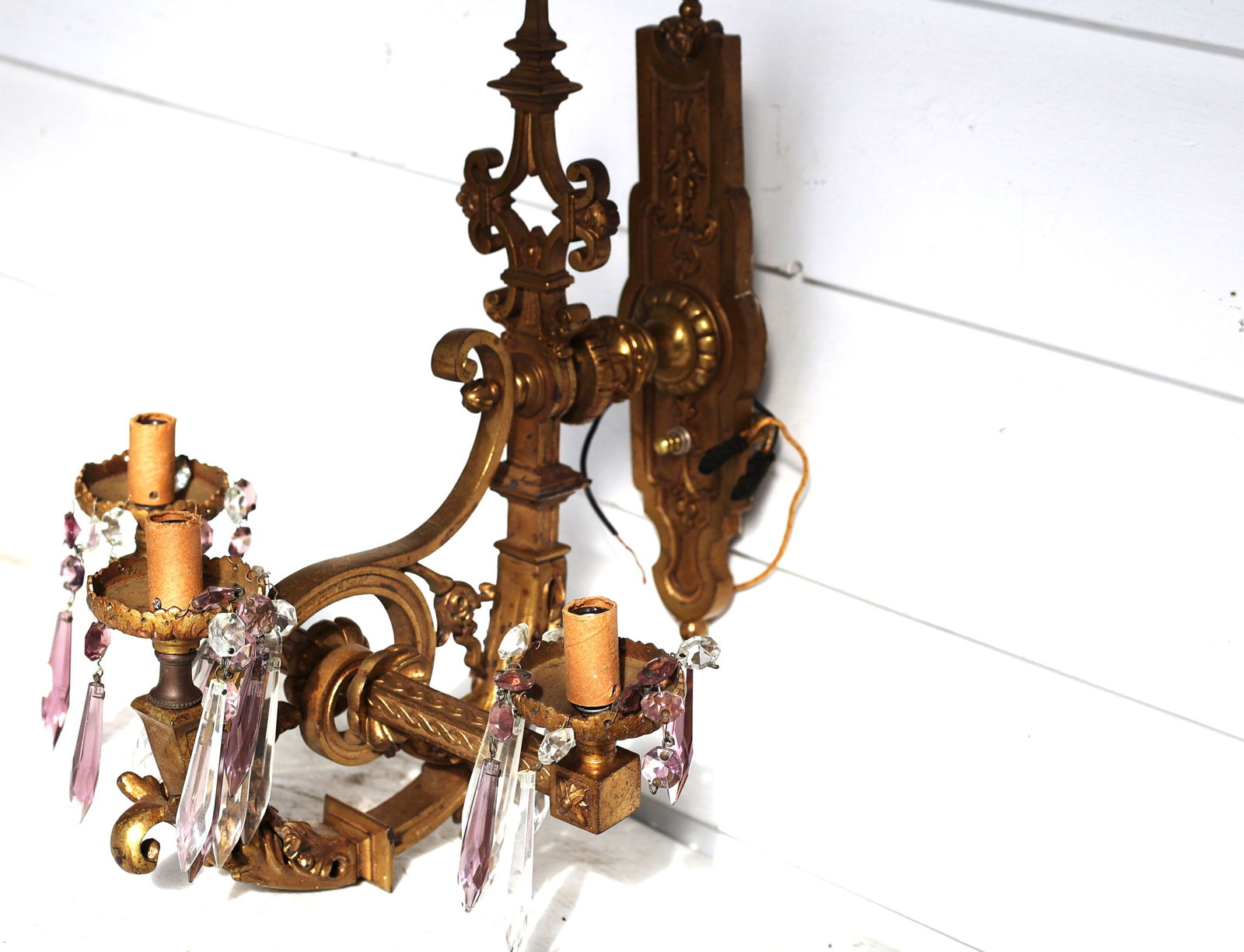 Antique Bronze Victorian 3-Light Electrified Wall Sconce Fancy Scroll, Prisms, Takes 3 glass shades (1 of 10)