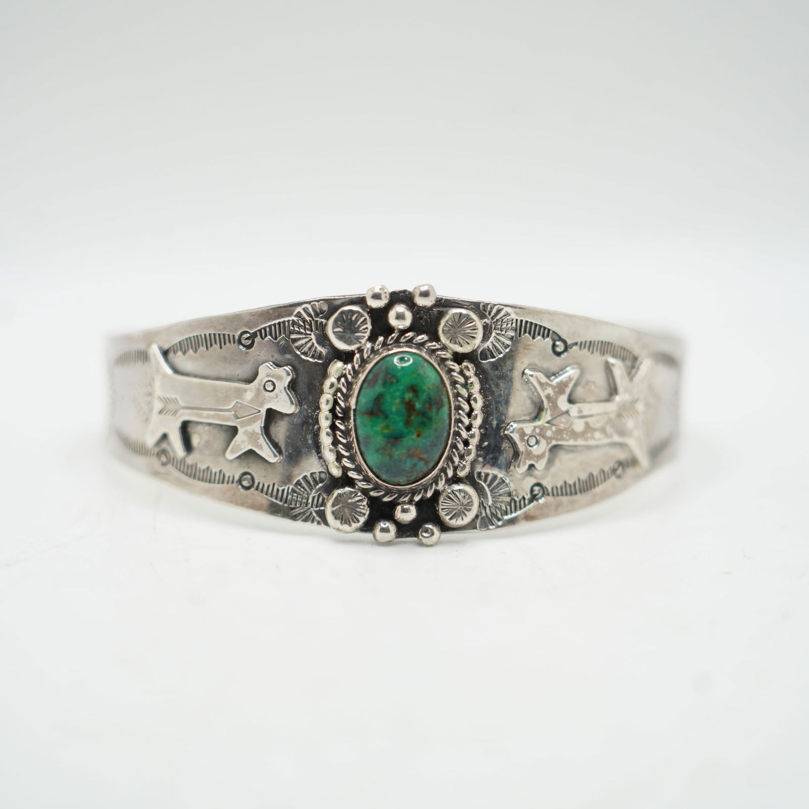 Sterling Silver Native American Indian Cuff Bracelet with Center Turquoise Stone , Animal Hallmarks (1 of 10)