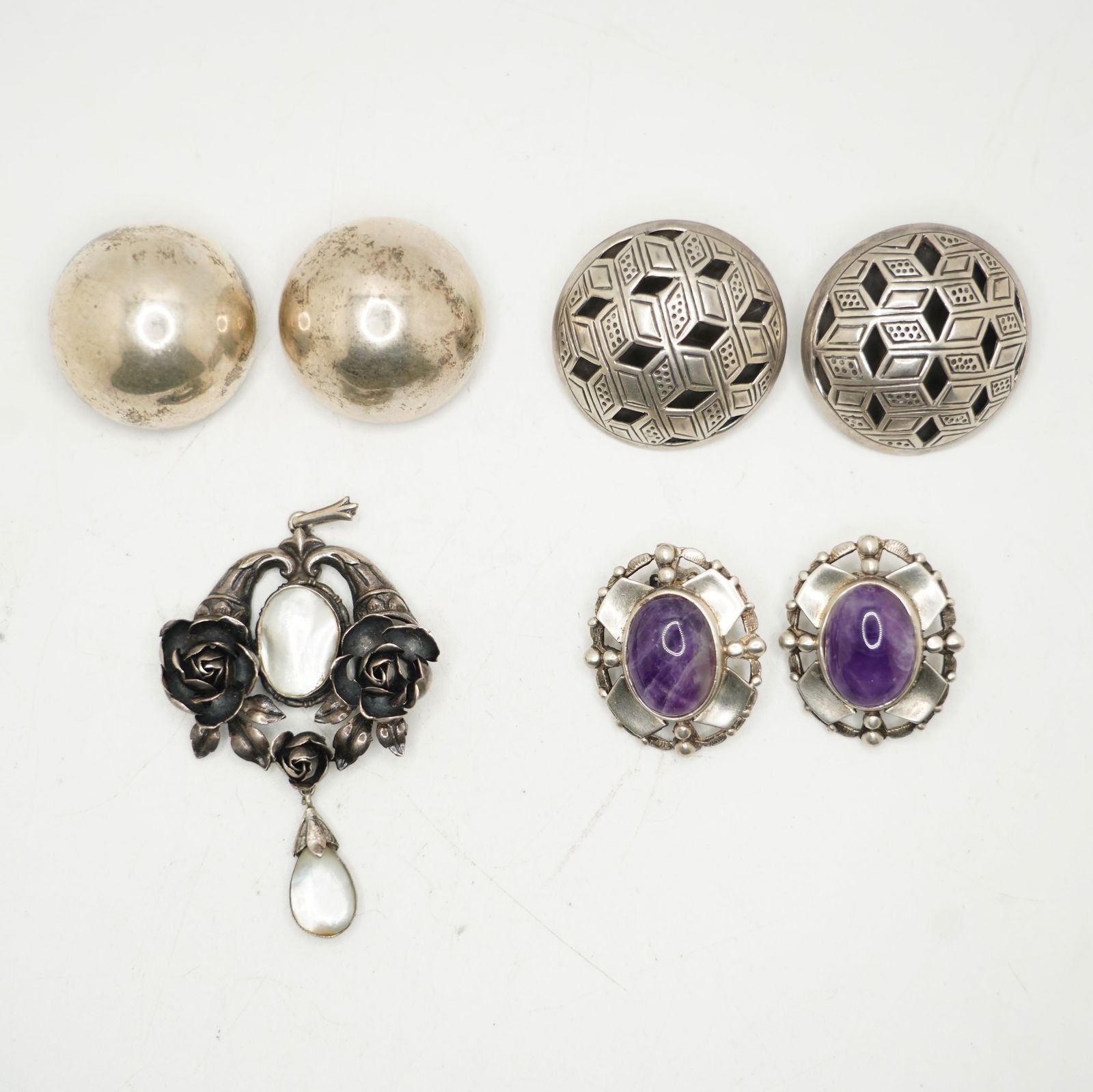 87 Grams Total Weight, 3 Pairs Sterling Silver Large Button Earrings and Roses Pendant (1 of 8)