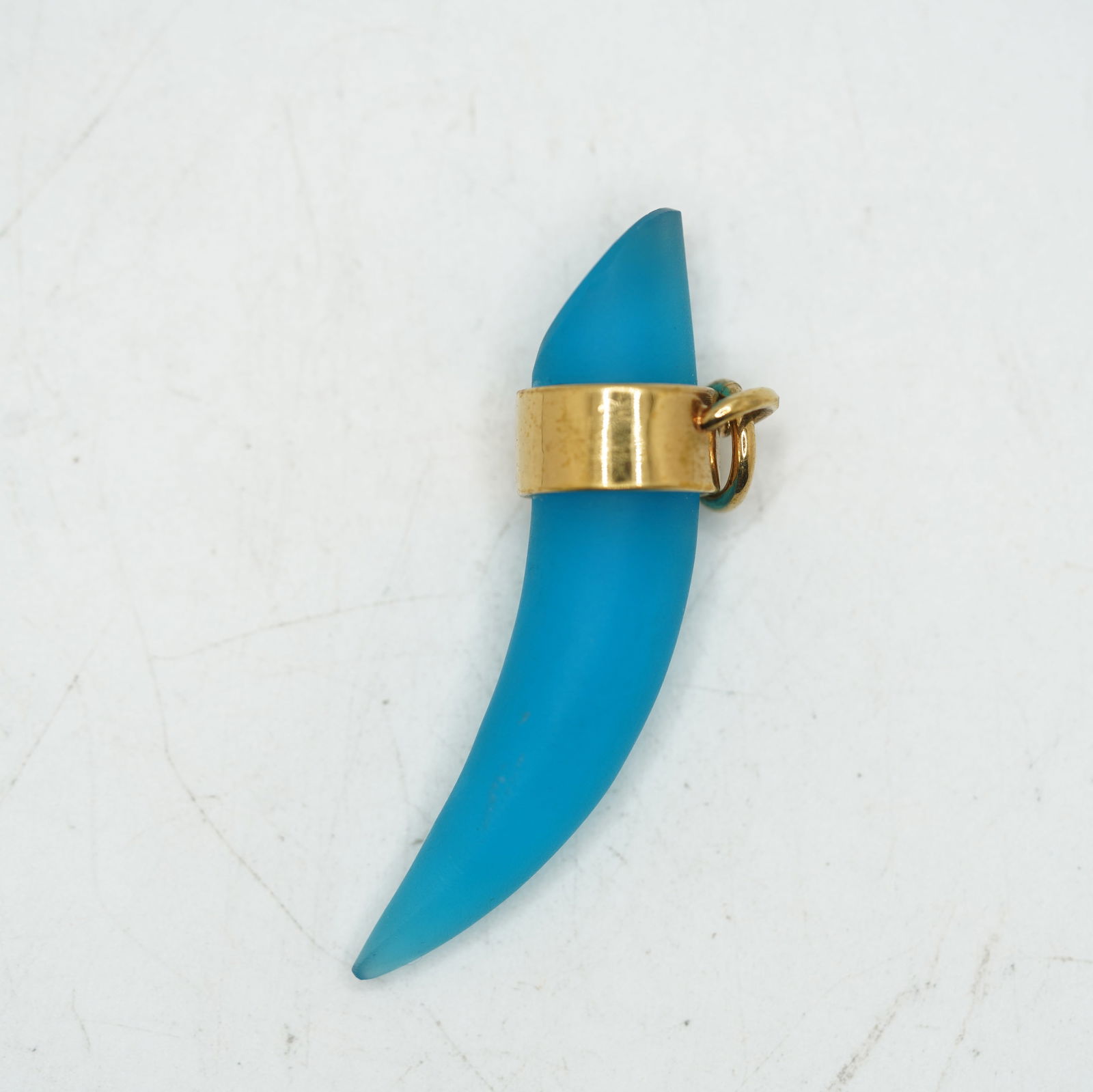 Marked DAUM FRANCE 14K Gold Band and Bail Teal Blue Glass Pendant 2 1/4 in. x 5/8 in.: Marked DAUM FRANCE 14K Gold Band and Bail Teal Blue Glass Pendant 2 1/4 in. x 5/8 in.