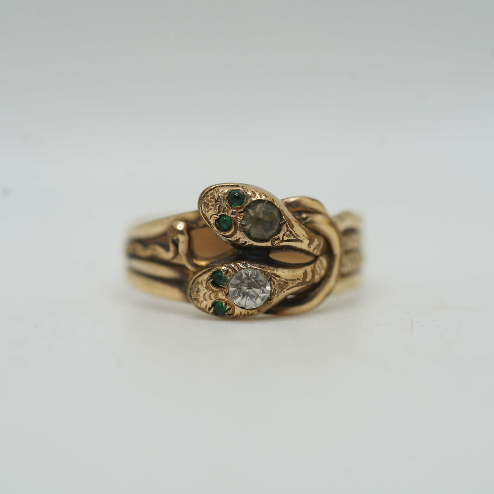 2.35 DWT, 14K Gold Shell Early Victorian Ring Size 9.5, Double Snake with Emerald Eyes and CZ (1 of 12)