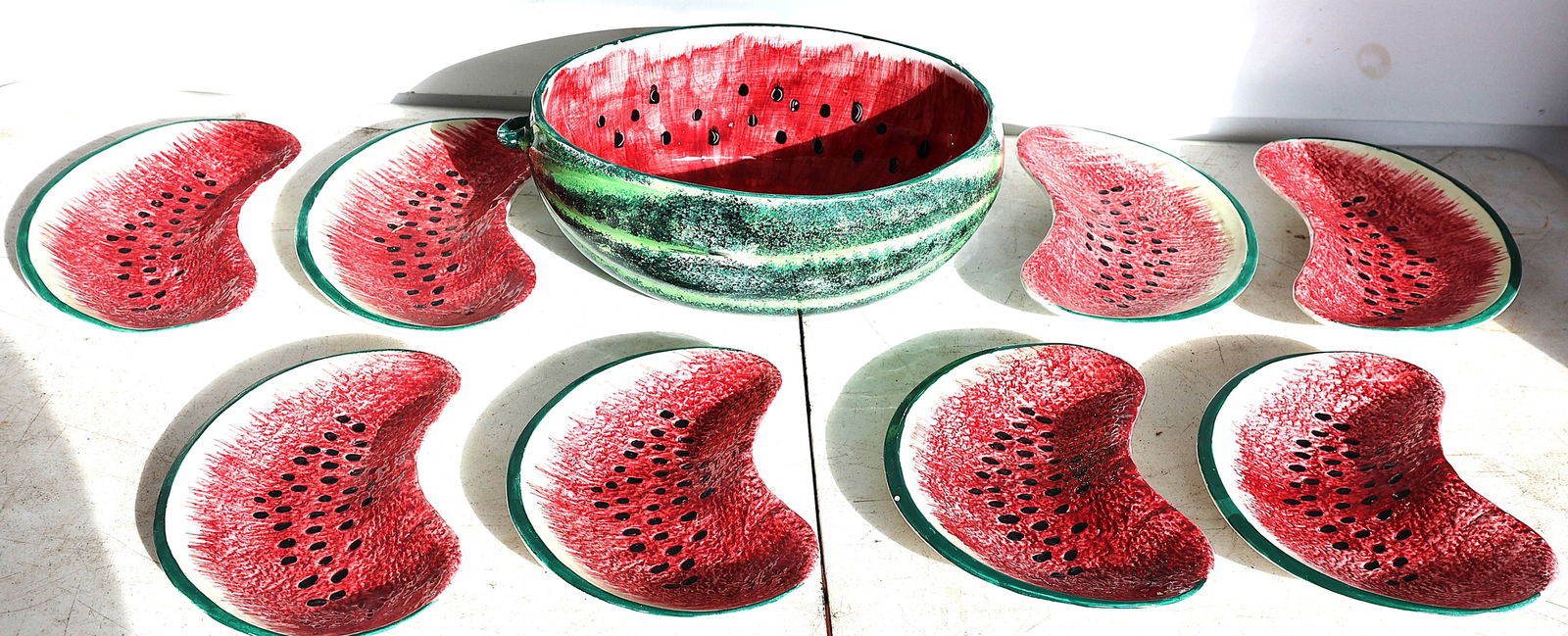 9 Pc. Italian Ceramic WATERMELON Set - Large Bowl with 8 Watermelon Serving Dishes (1 of 5)