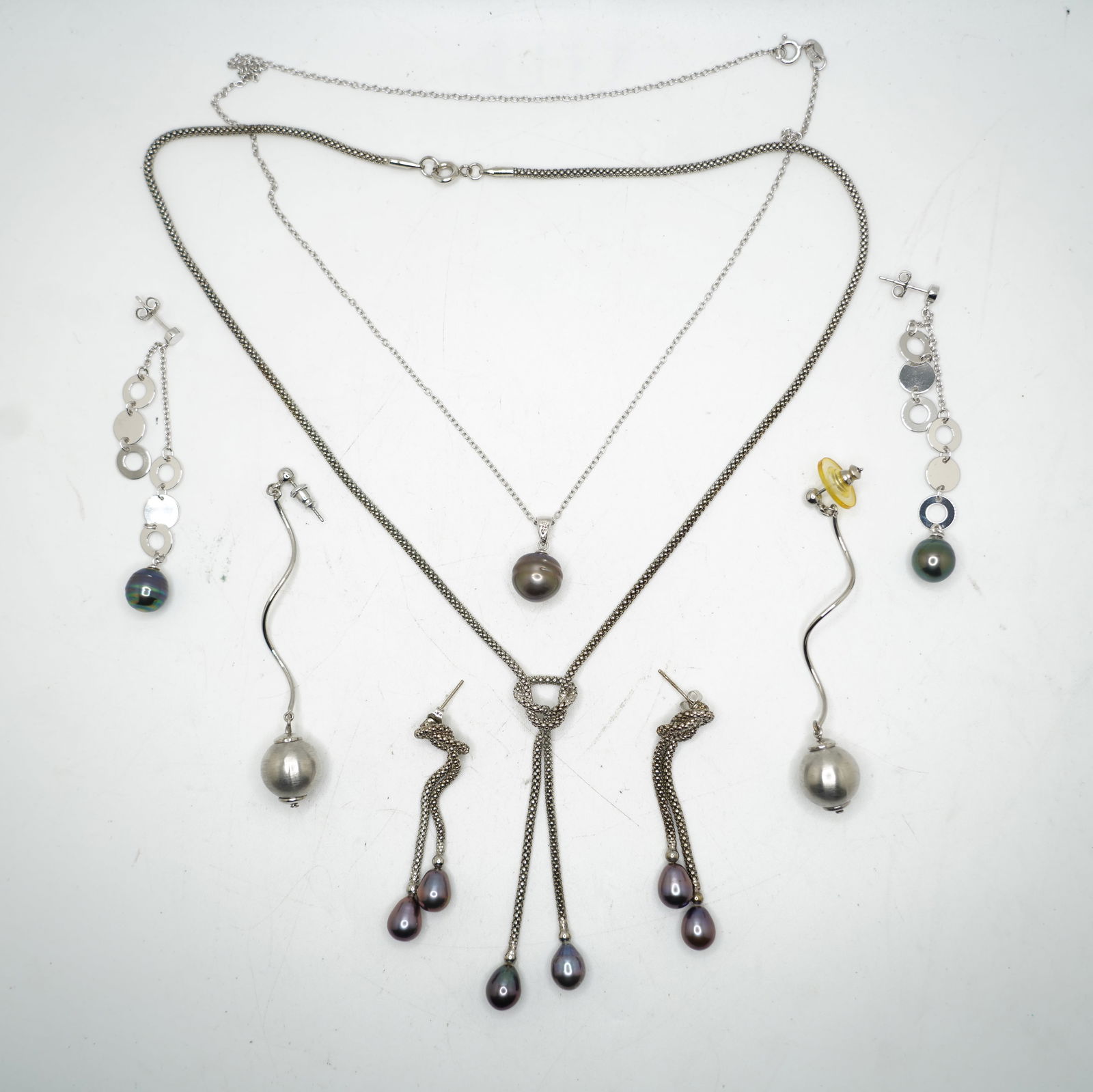 Tahitian Pearl Necklace with Silver Chain; Pair Tahitian Pearl Earrings; Tahitian Freshwater Pearl (1 of 20)