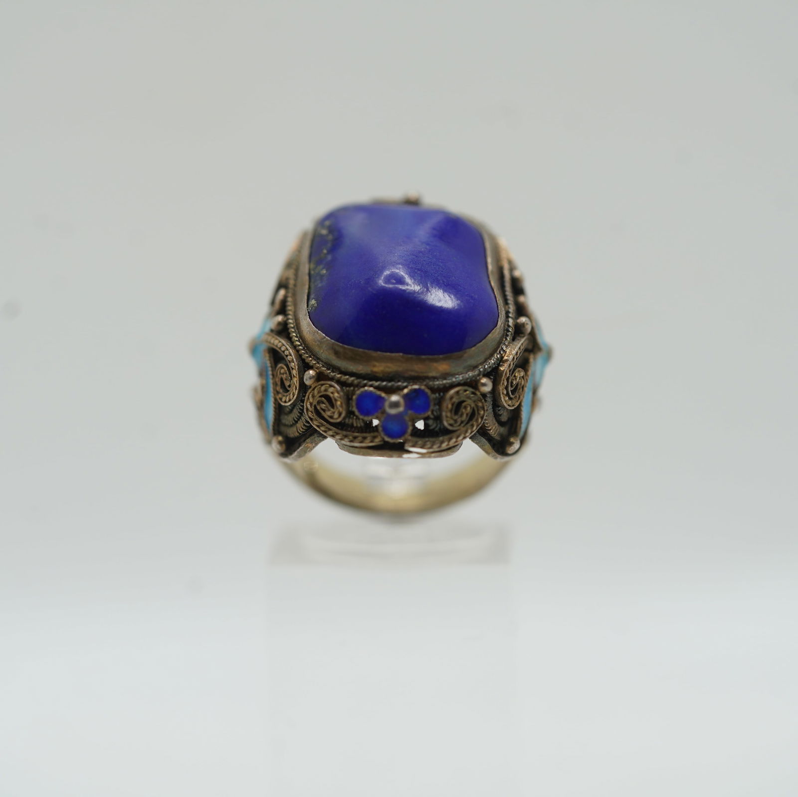 Tests Sterling [800 Silver] Glass Blue Stone with Eleborate Filigree Setting Enameled Ring (1 of 9)
