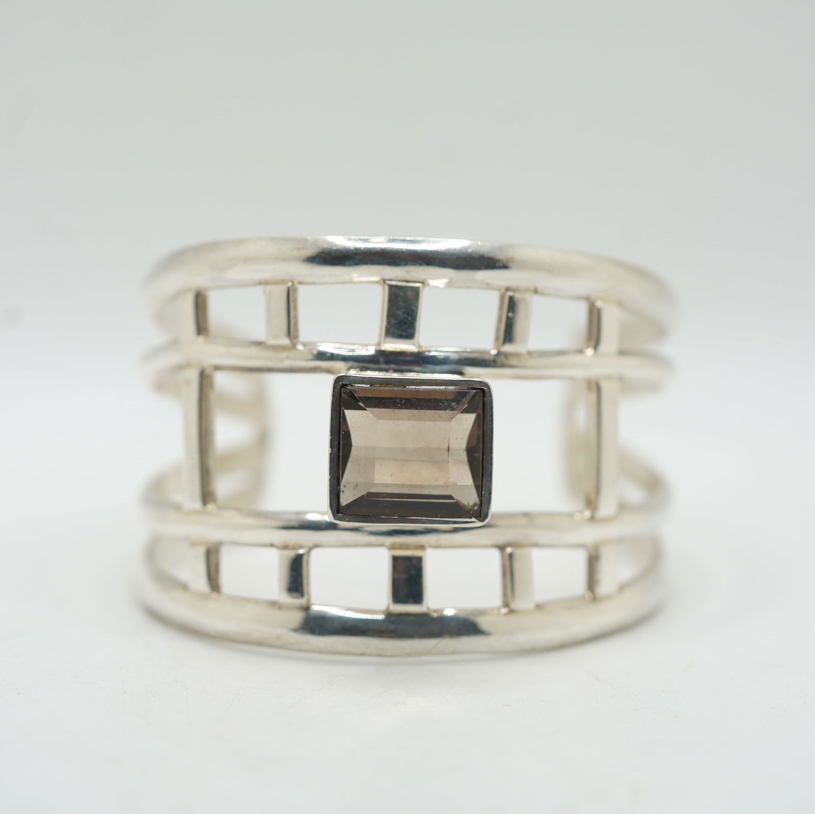 .925 Sterling Silver Cuff Bracelet with Smokey Citrine Stone, Open Basket Design Cuff 2.5 in. (1 of 16)