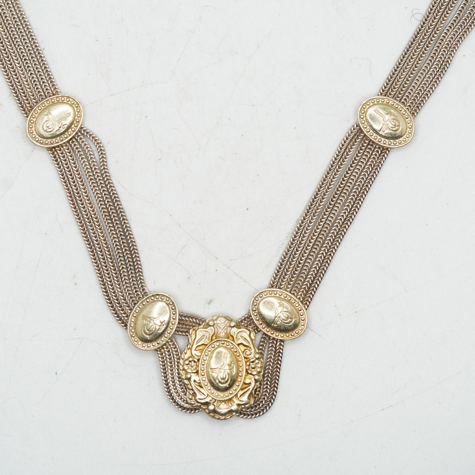 Sterling Silver 6-Strand Victorian Necklace with 10 Medallions Carved Hand Etched 17 in. x 1 in. (1 of 11)