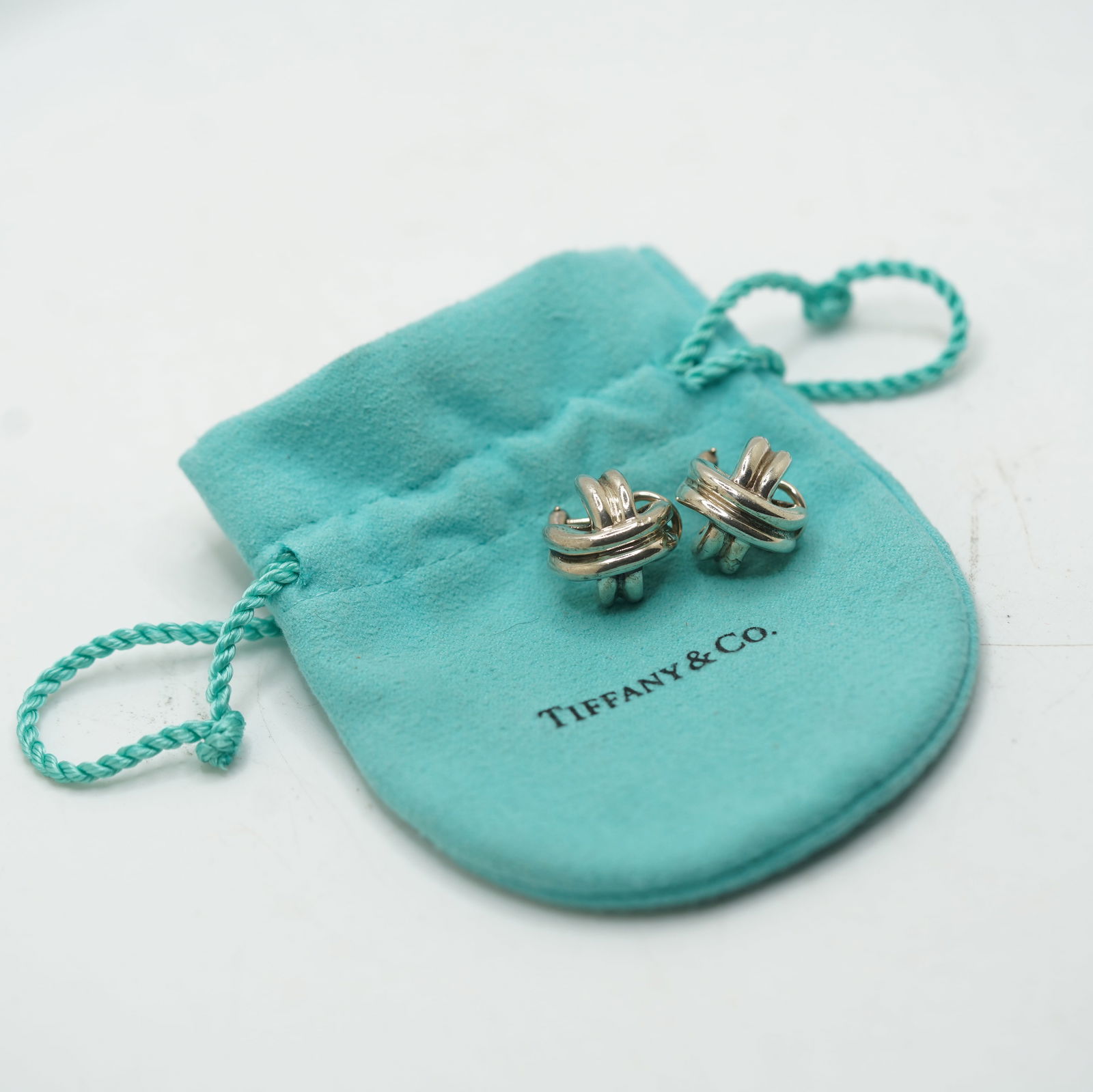 Tiffany & Co, 1890 T & Co .925 Pierced Cross Omega Earrings 5/8 Inches Diameter with Box (1 of 10)