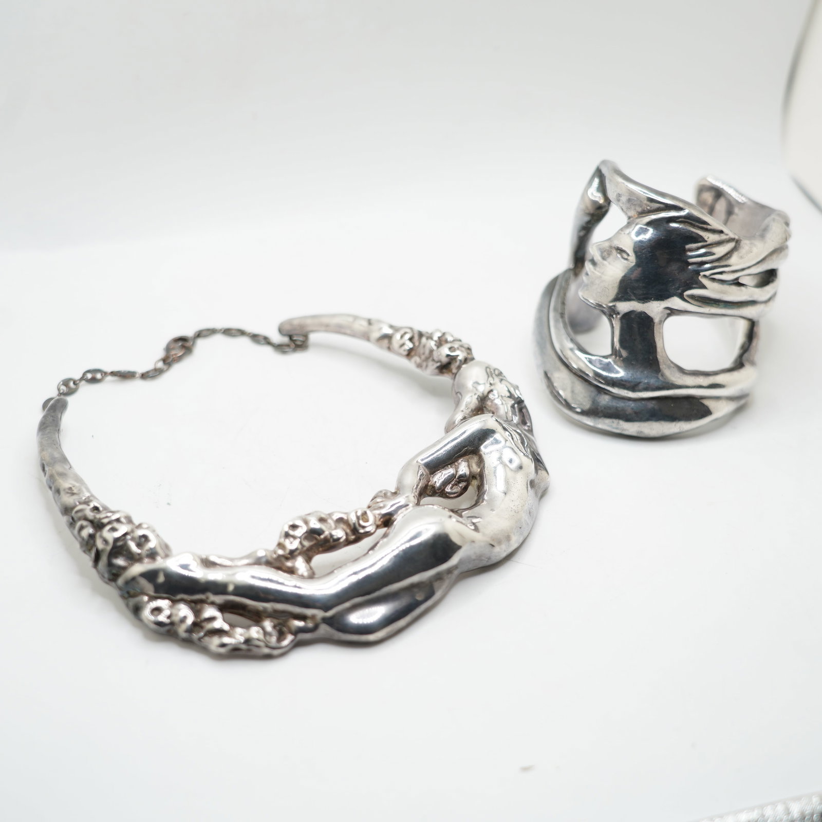 182.4 Grams .925 Sterling Silver Art Nouveau Nude Woman Necklace & .925 Sterling Art Nouveau: 182.4 Grams .925 Sterling Silver Art Nouveau Nude Woman Necklace 6 in. x 5 1/2 in. x 1 3/4 in. & .925 Sterling Art Nouveau Flowing Woman Cuff Bracelet 2 1/2 in. x 2 3/4 in. x 3 in.