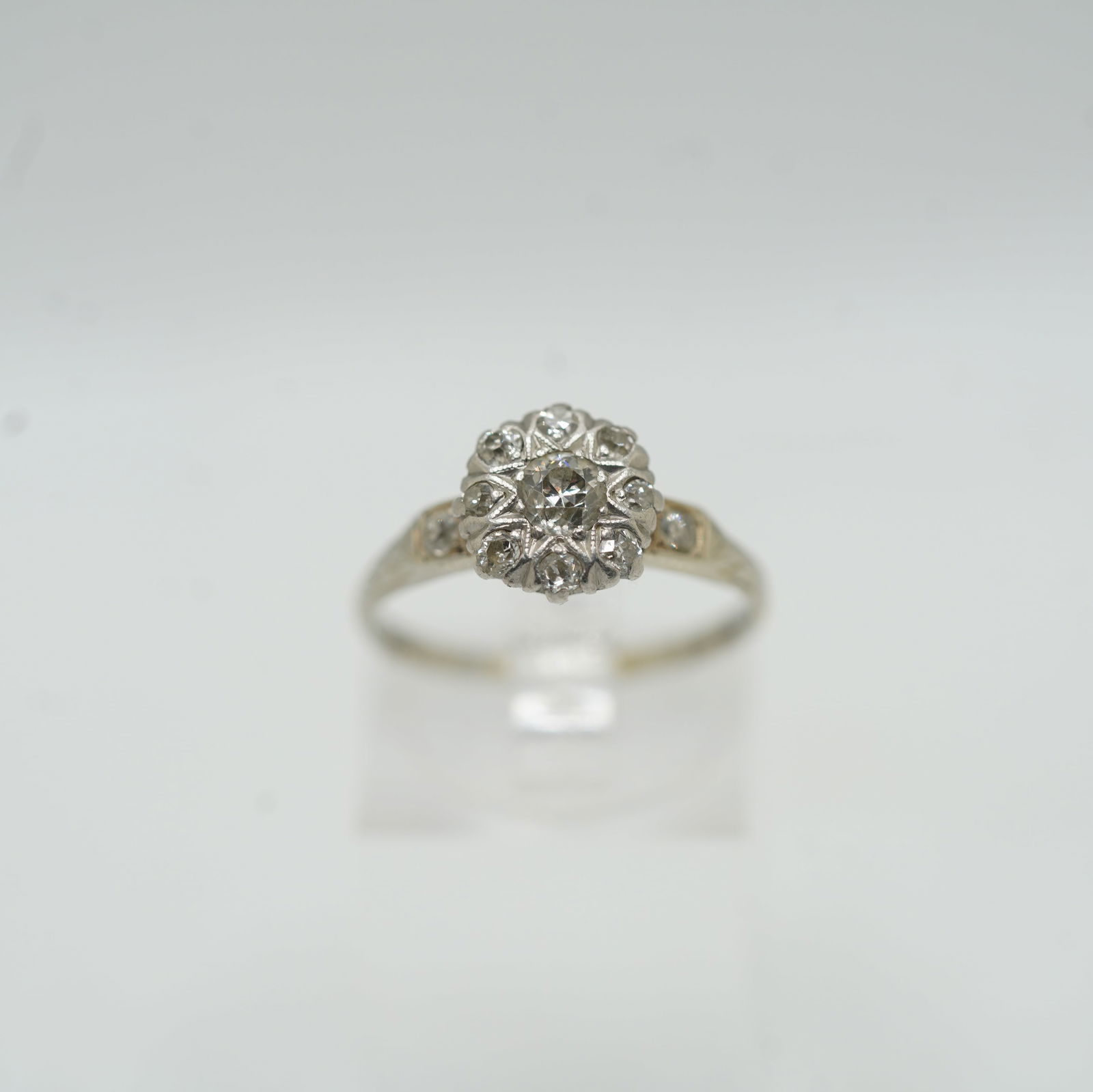 Stunning 14K Victorian White Gold Diamond Cocktail  Ring Size 7.75, 11 Diamonds, Center Diamond (1 of 15)