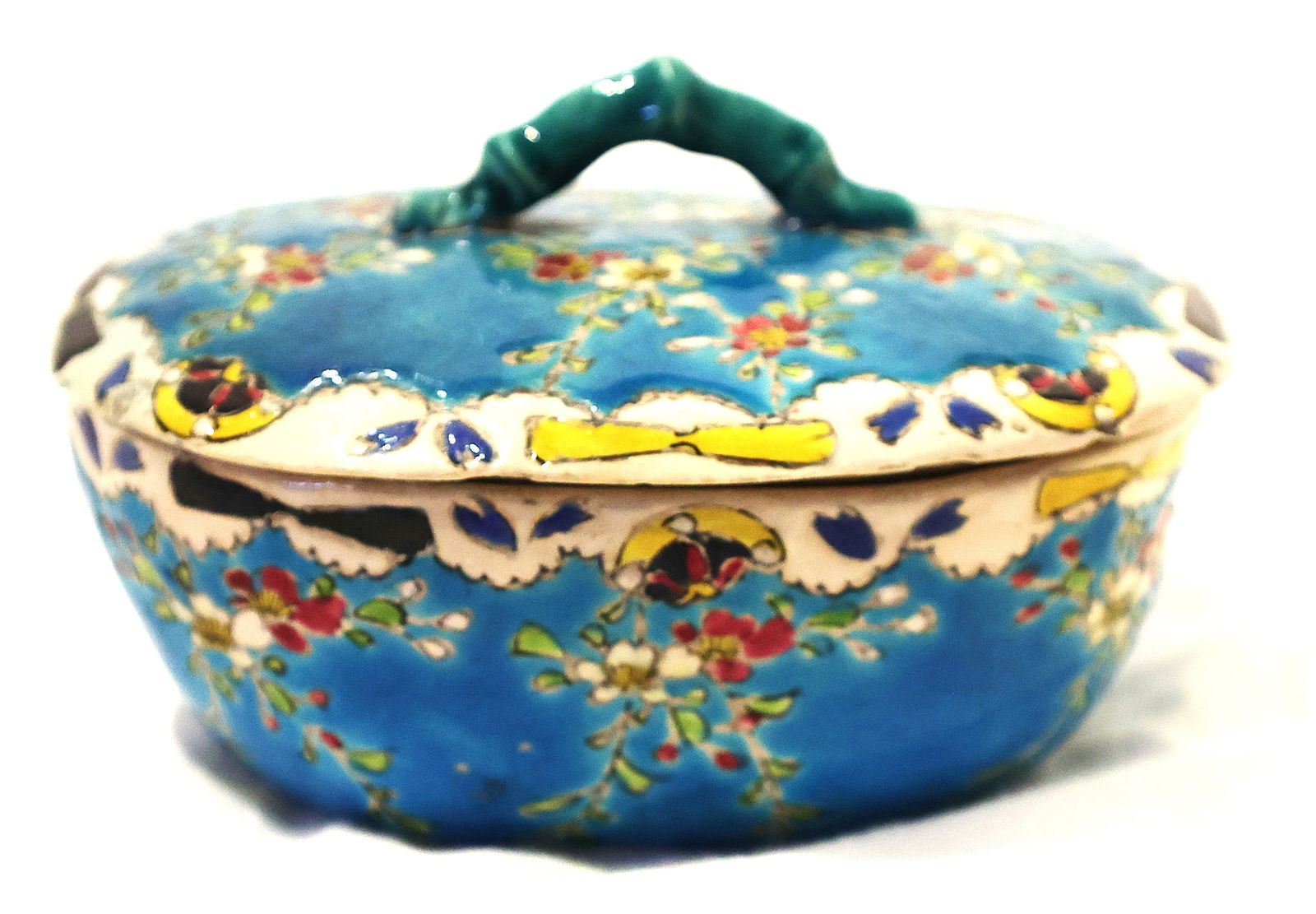 Antique CHINESE Porcelain Blue Glazed COVERED BOWL SIGNED on Base 5 in. x 4 in. ; 3 in. height (1 of 7)