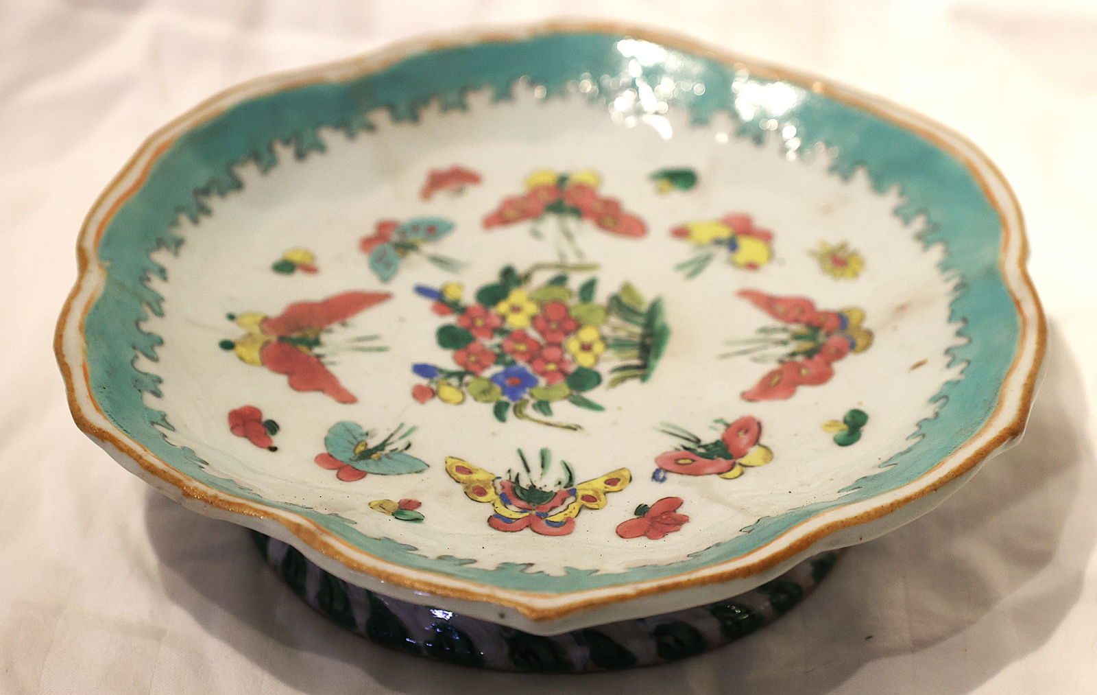 19th C. Chinese Porcelain Low Bowl Pedestal Base Flowers, Butterflies 7 in. dia., 2 in. height (1 of 7)