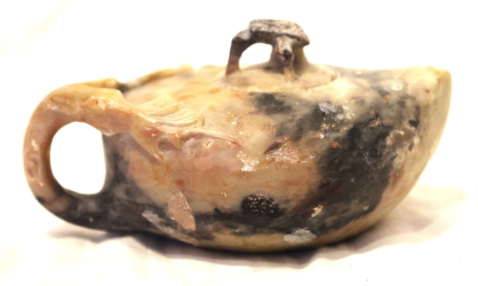 Antique 19th C. Chinese Carved Soapstone "Genie" Oil Lamp, 5 inches length, 2 1/4 in. height; 3 in.: Antique 19th C. Chinese Carved Soapstone "Genie" Oil Lamp, 5 inches length, 2 1/4 in. height; 3 in. wide