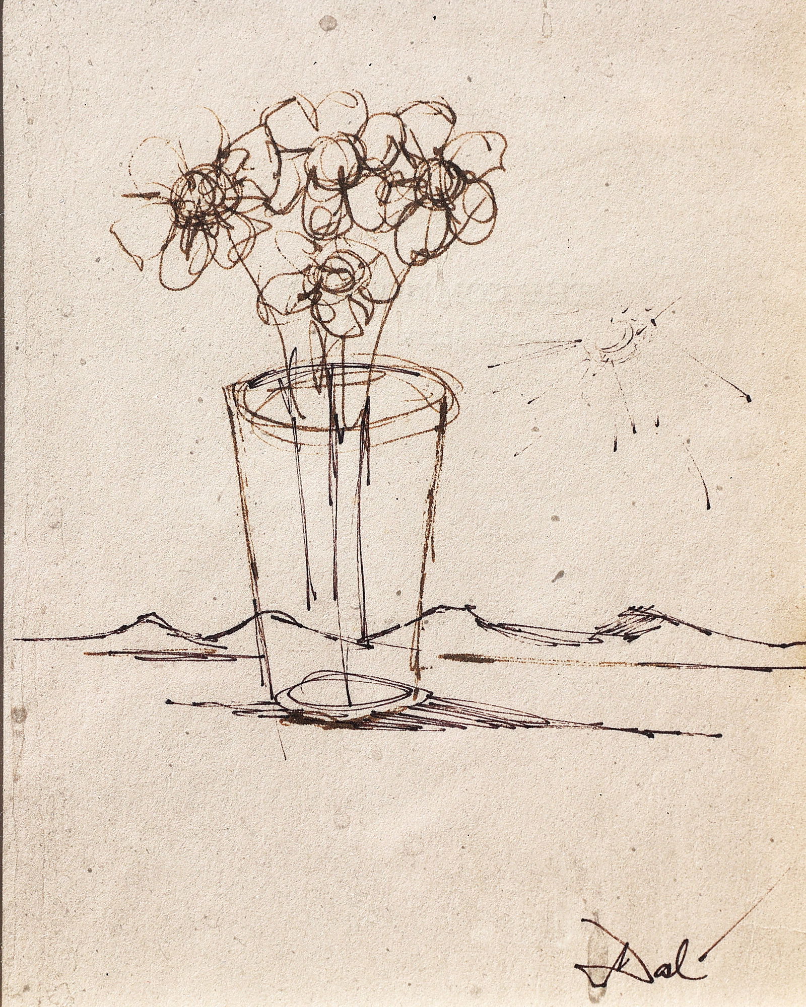 Salvador Dali (1904 - 1989) France, Spain, Original Signed Ink Drawing Surrealist Flowers, Landscape (1 of 6)