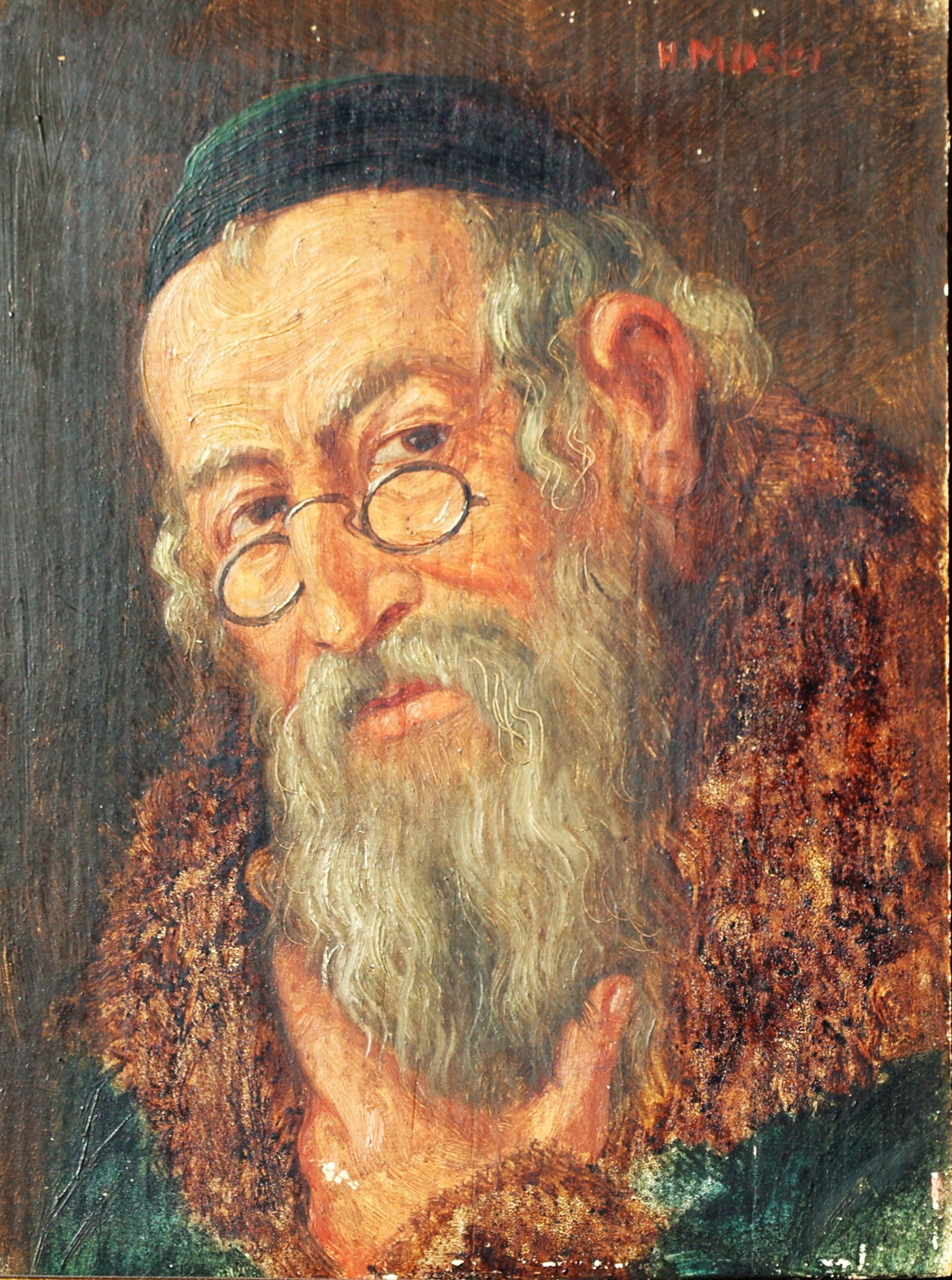 Signed H MOSEI, 19th C. Oil on Wood Panel Portrait of a Rabbi Mounted in a Gilt Frame: Signed H MOSEI, 19th C. Oil on Wood Panel Portrait of a Rabbi Mounted in a Gilt Frame. Size: image 7 1/8 in. x 5 1/2 in. ; outer frame 12 1/2 in. x 10 3/4 in.