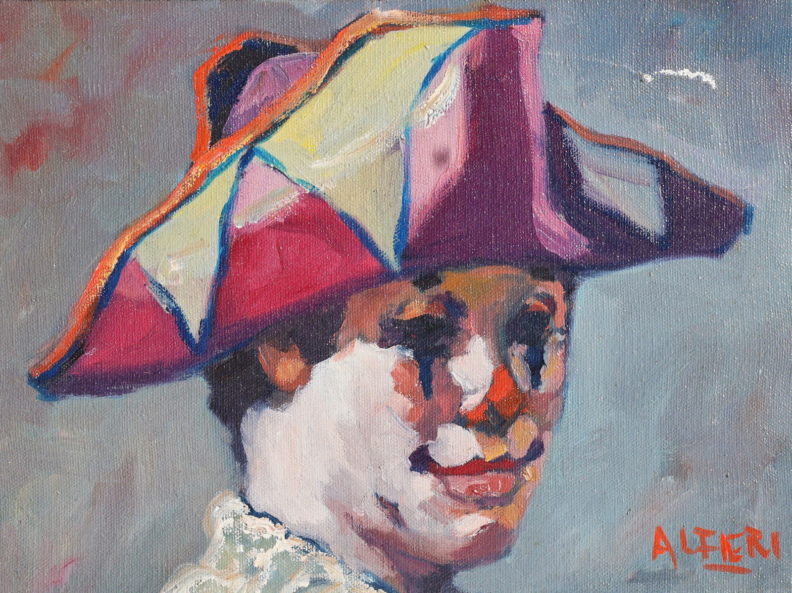 Signed Altieri, Vintage Oil on Canvas Portrait of a Harlequin Clown Jester, Original Framing (1 of 8)