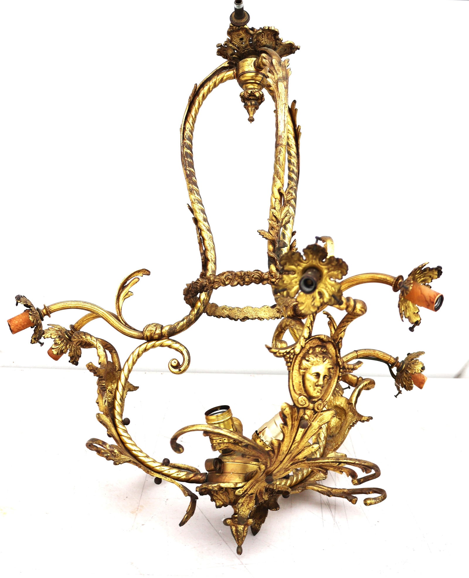 Antique Brass French Victorian 3-Arm, 6-Light Chandelier with Ladies Heads on Sides 22 in. Dia. (1 of 10)