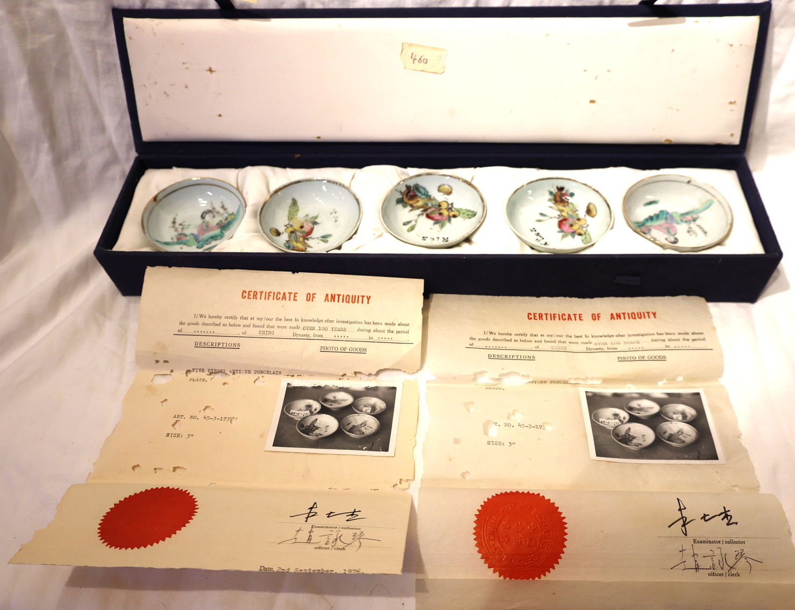100 Year Old Ching, Chinese Set of 5 Porcelain Sauce Bowls, Signed, Cerificate of Antiquity, Boxed (1 of 7)