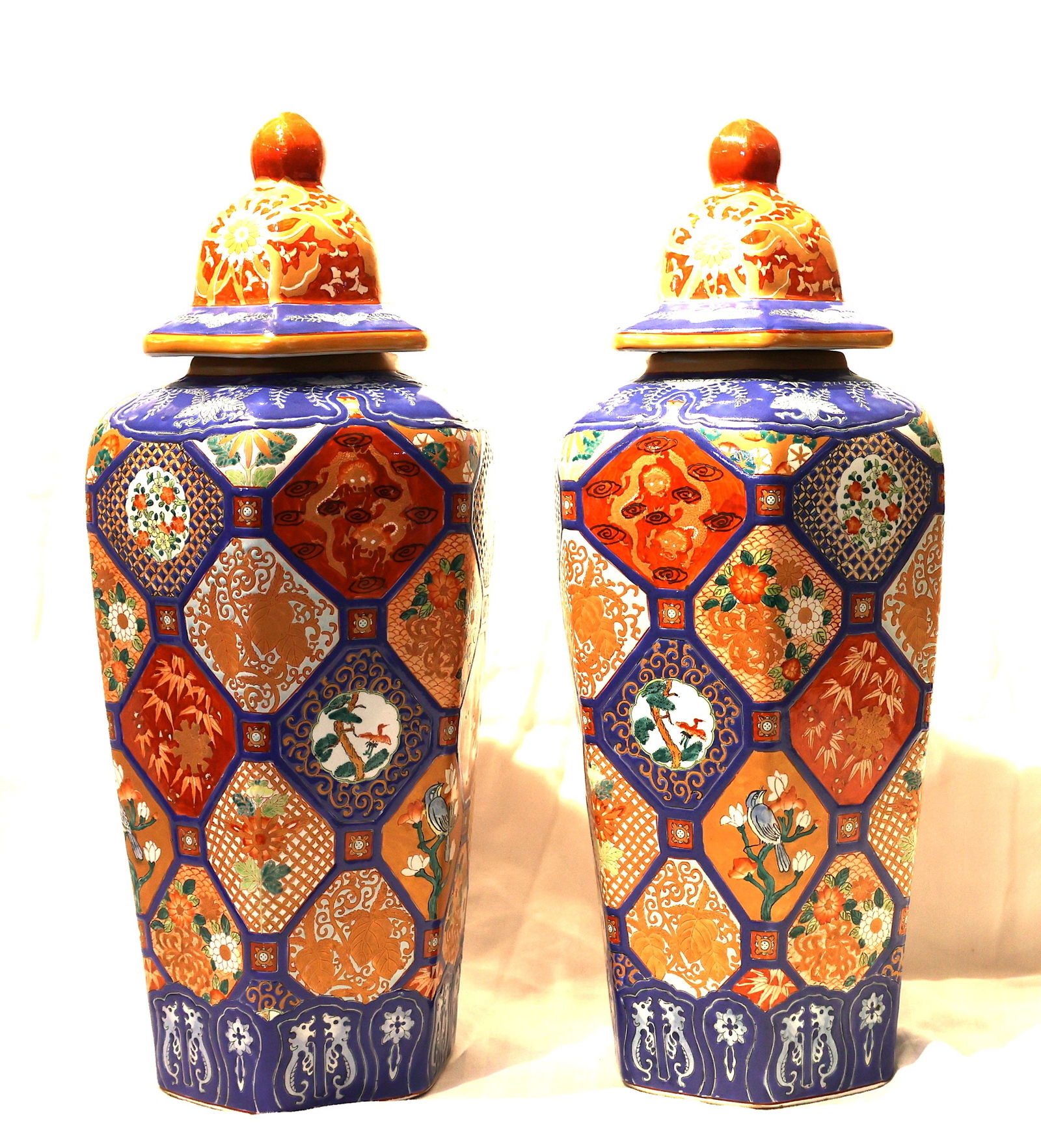 Pair Imari Porcelain 6-Sided Covered Urns 16 1/2 inches height x 6 inches wide: Pair Imari Porcelain 6-Sided Covered Urns 16 1/2 inches height x 6 inches wide