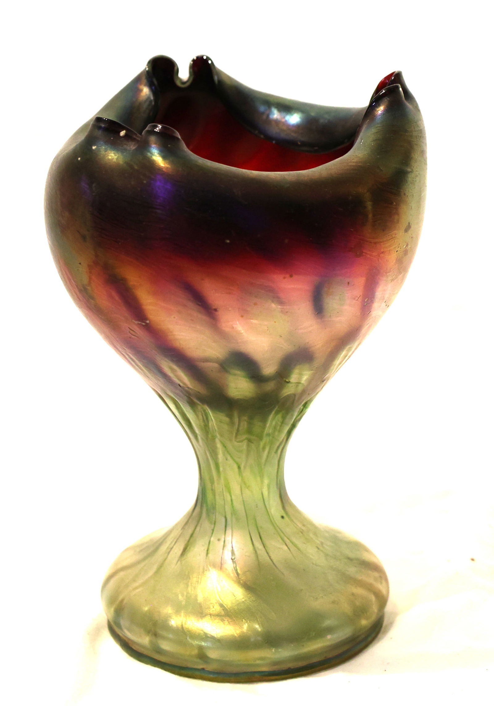 Art Nouveau Rindskopf Pepita Iridescent Art Glass Vase Circa 1900-1910 Bohemia 8 in. Height: Size: 8 inches height x 5 inches wide, 4 in. dia. base ; Art Nouveau Rindskopf Pepita iridescent glass vase, produced in Bohemia around 1900-1910. The vase features a textured finish often described a