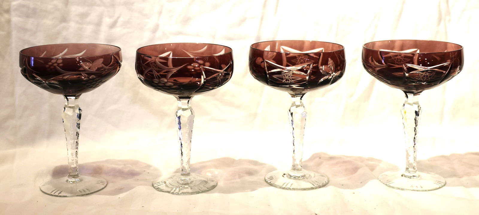 Set 4 vintage Bohemian or Czech cut-to-clear Amethyst glass champagne coupes or sherbet glasses (1 of 6)
