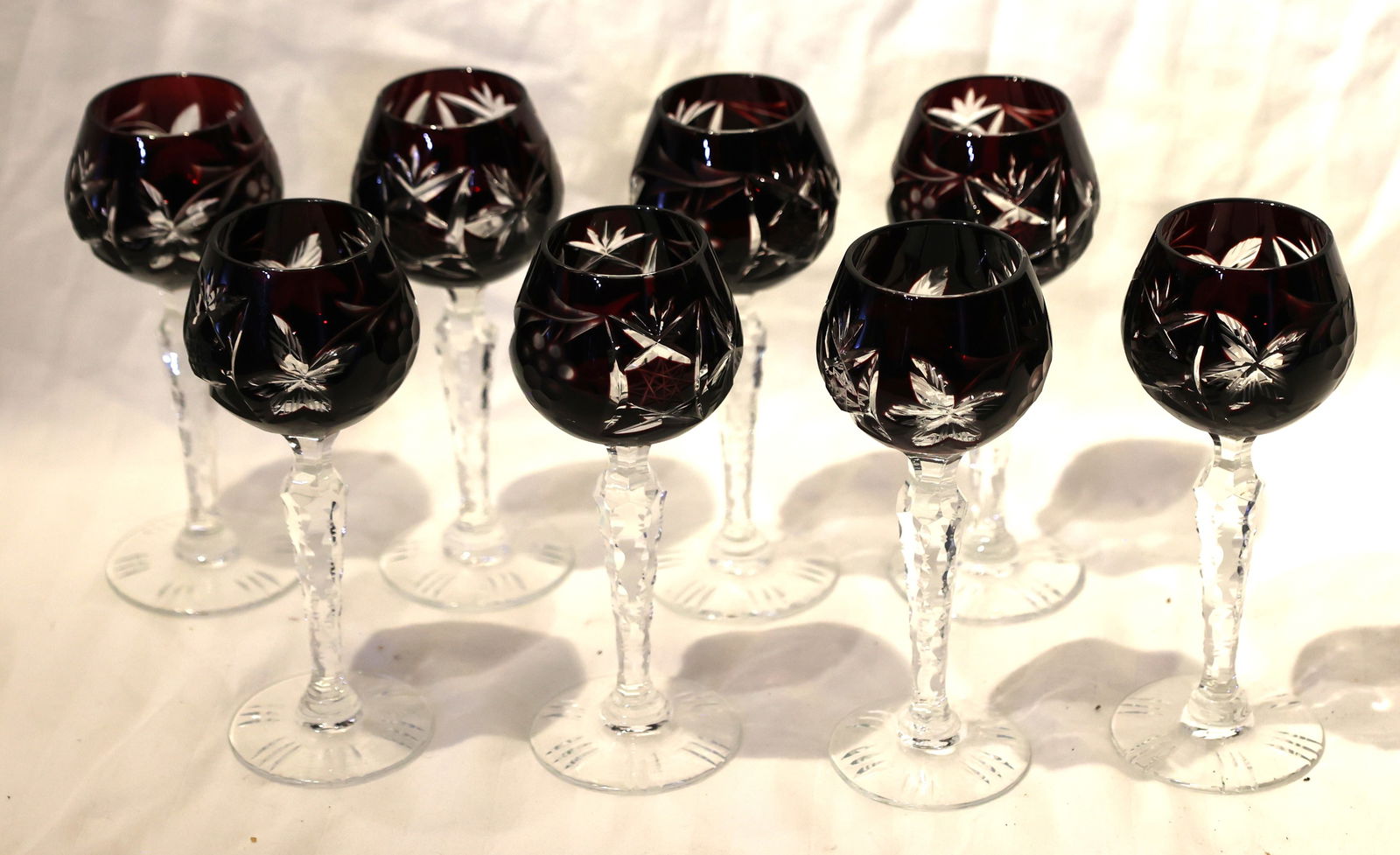 Set 8 vintage Bohemian or Czech cut-to-clear Ruby Red Glass Stemmed Cordials 5.25 in. height (1 of 8)