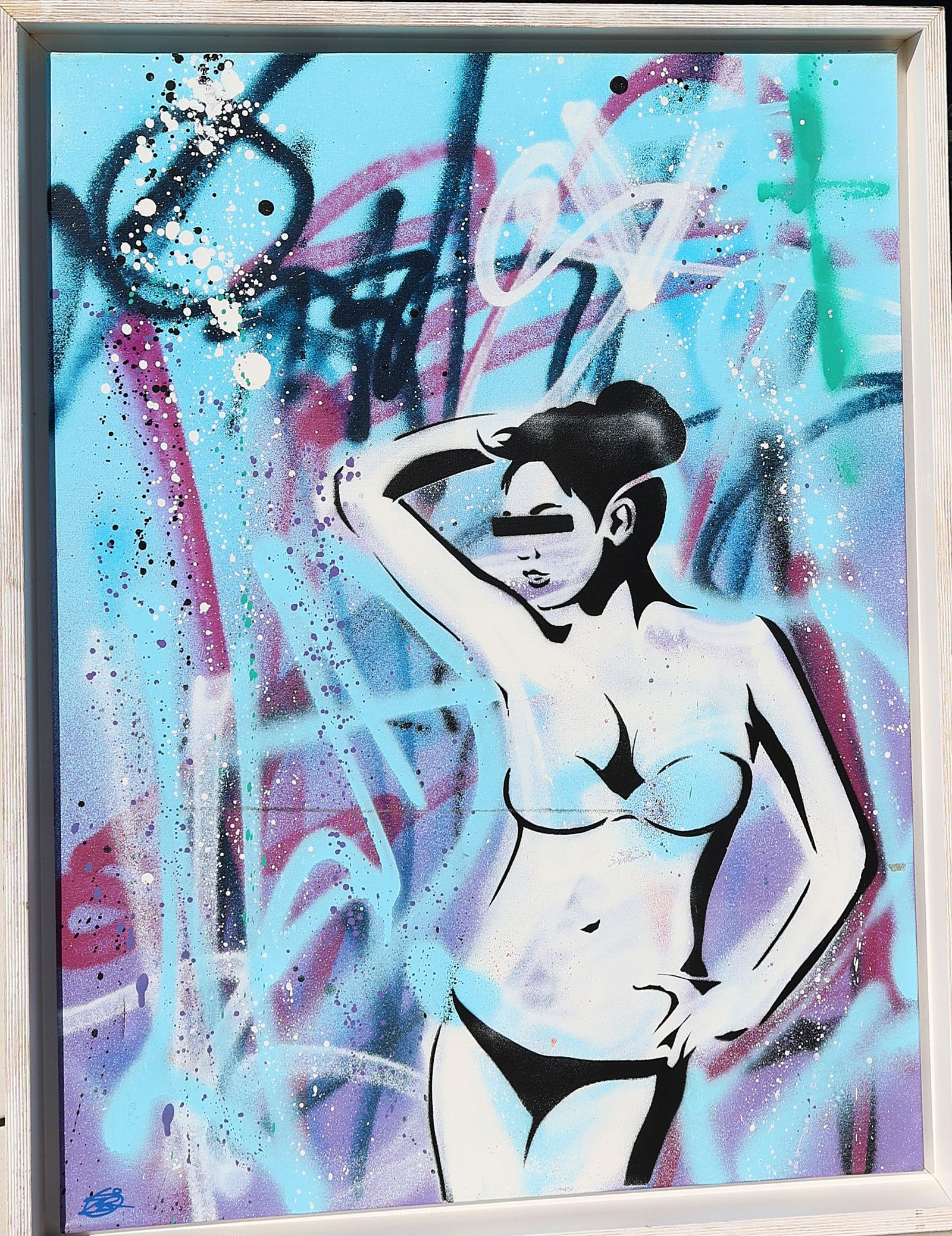 Zero Gradient, Mixed Media of Spray Paint Graffiti and a Black and White Stencil of a Woman: Zero Gradient, an artist known for blending traditional methods with playful, expressive, and provocative imagery. The work is characterized by a mix of spray paint graffiti and a black and white sten