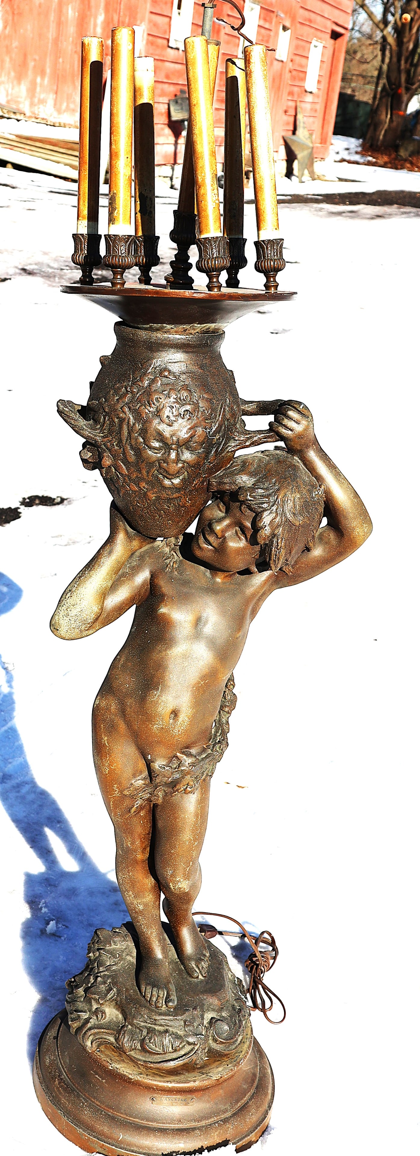 Auguste Moreau (1861 - 1906) France; "L'Ancetre" 50 Inches Height Cherub Newel Post Lamp: Auguste Moreau (1861 - 1906) France; "L'Ancetre" 50 Inches Height Cherub Newel Post Lamp. Cast Metal Spelter; Signed Aug Moreau, Wiring Good, On base side there needs a metal repair See Picture. Large