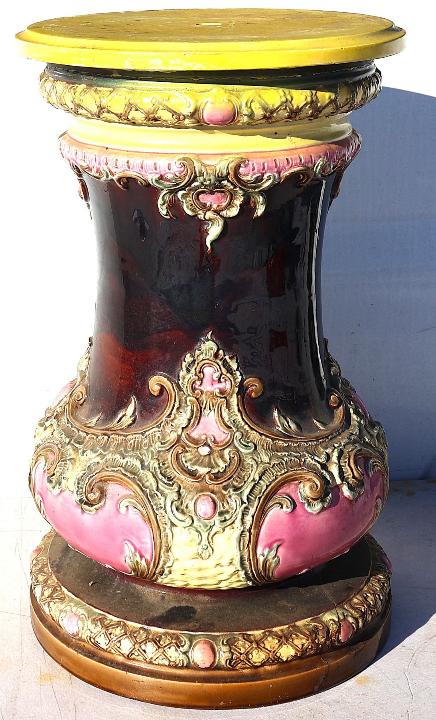 Antique Art Nouveau Majolica Pottery Pedestal Base Fern Stand 24 inches height x 14 in. dia. top: Antique Art Nouveau Majolica Pottery Pedestal Base Fern Stand 24 inches height x 14 in. dia. top; 14.5 in. dia, base. Good condition, small stapled old repair underside of base See Picture
