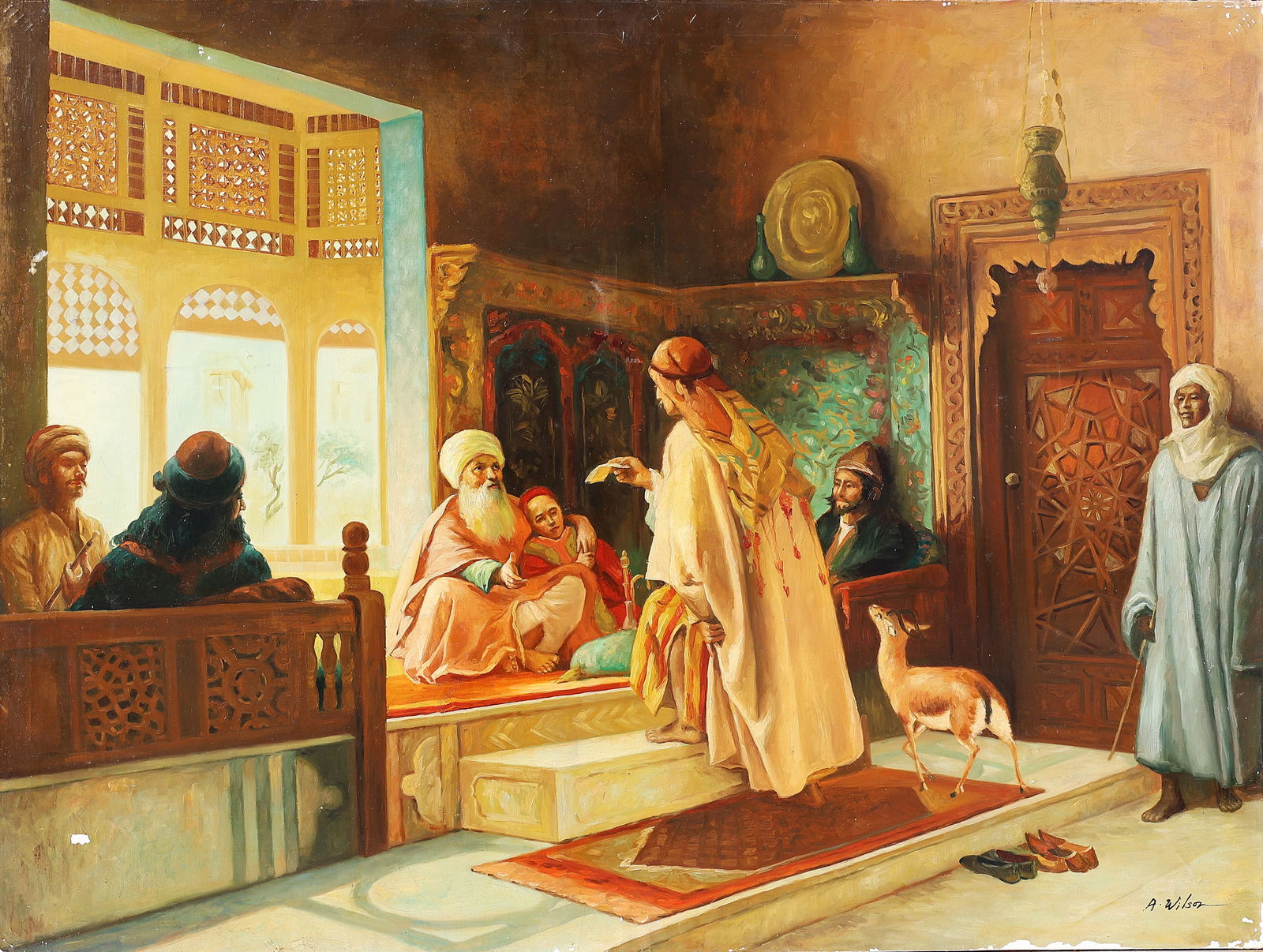 Signed Wilson,  Orientalist Oil on Canvas painting "Messenger" after Frederick Arthur Bridgman (1 of 6)
