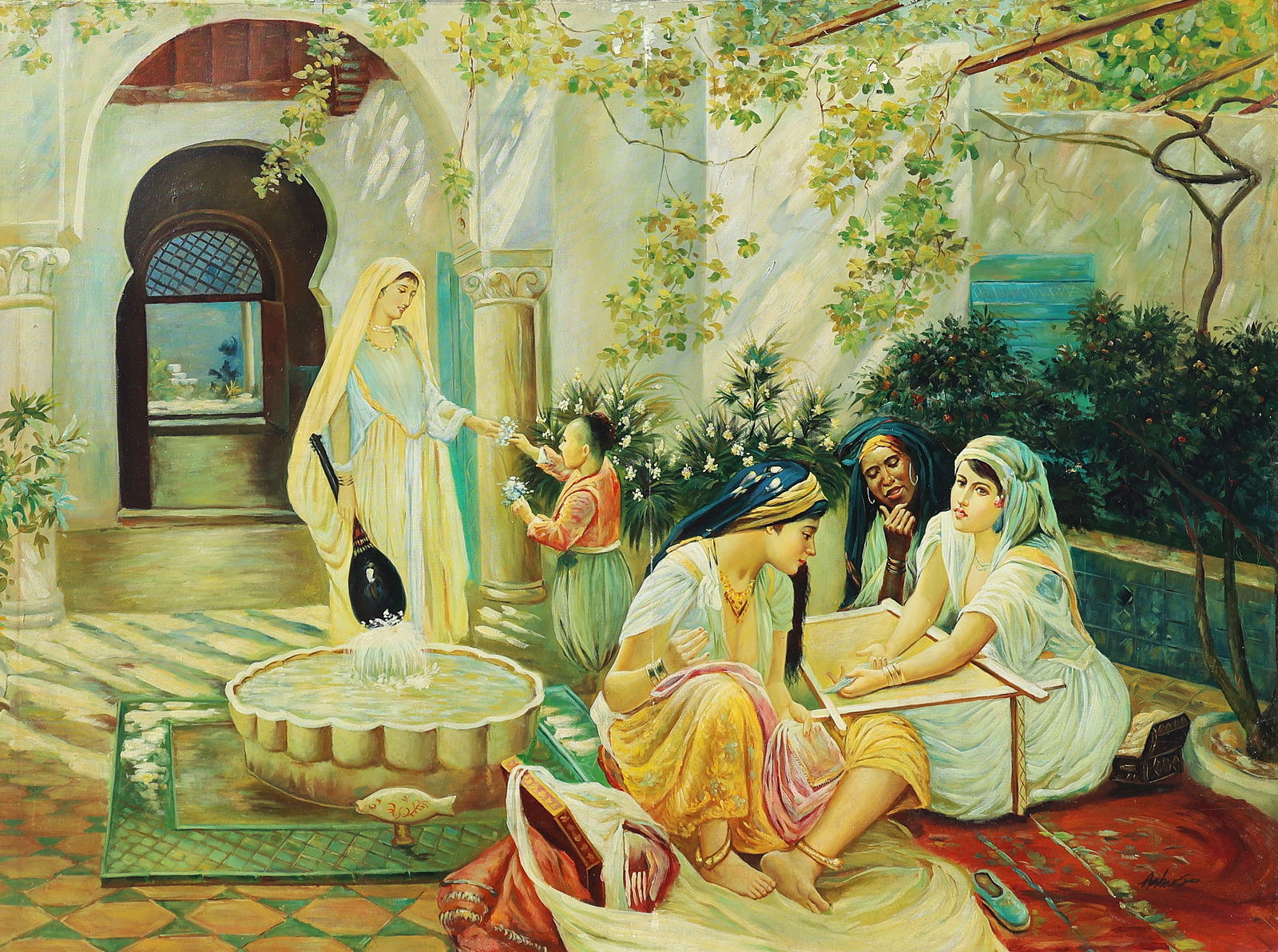 Signed Ambrosio Orientalist Oil on Canvas Painting "In a Village at E; Biar, Algiers" after Bridgman (1 of 6)