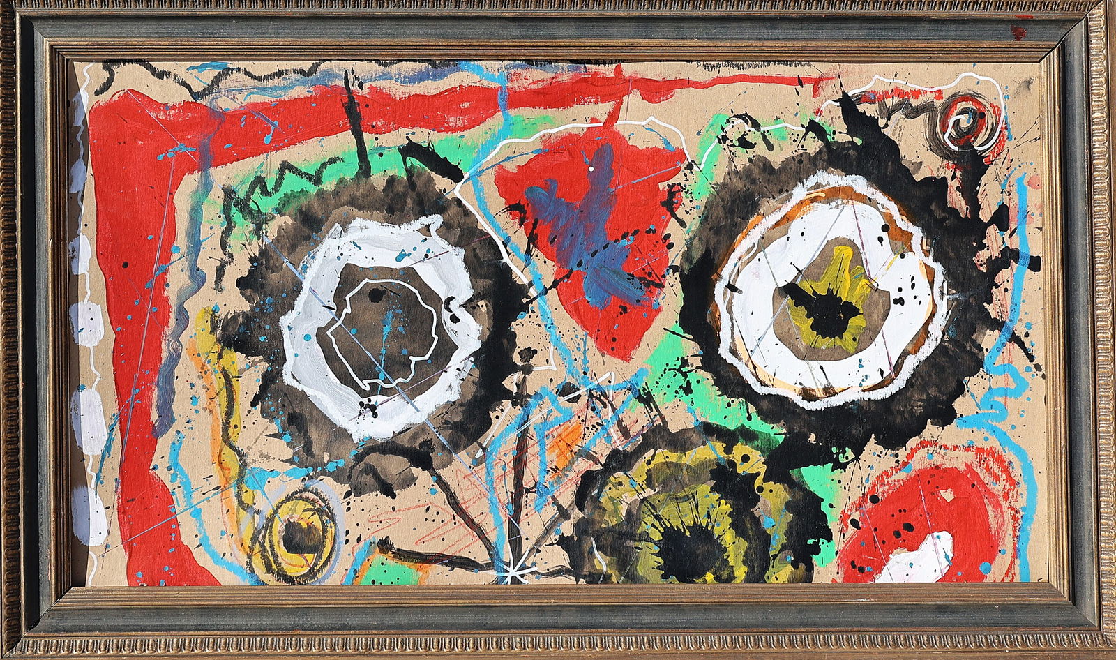 20th C. Framed Abstract Oil on Board Painting, Unsigned, Mid-Century Modern: 20th C. Framed Abstract Oil on Board Painting, Unsigned, Mid-Century Modern Size: image 20 in. x 36 in. ; outer frame 25 in. x 41.5 in.